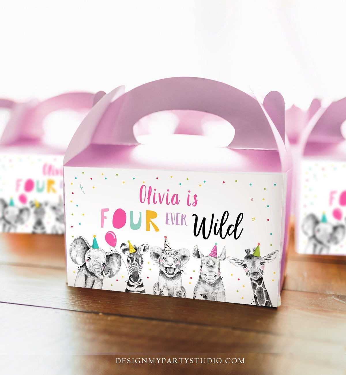 Editable Party Animals Gable Box Label Safari Animals 4th Birthday Gift Box Labels Four Ever Wild Girl Download Digital Printable 0390