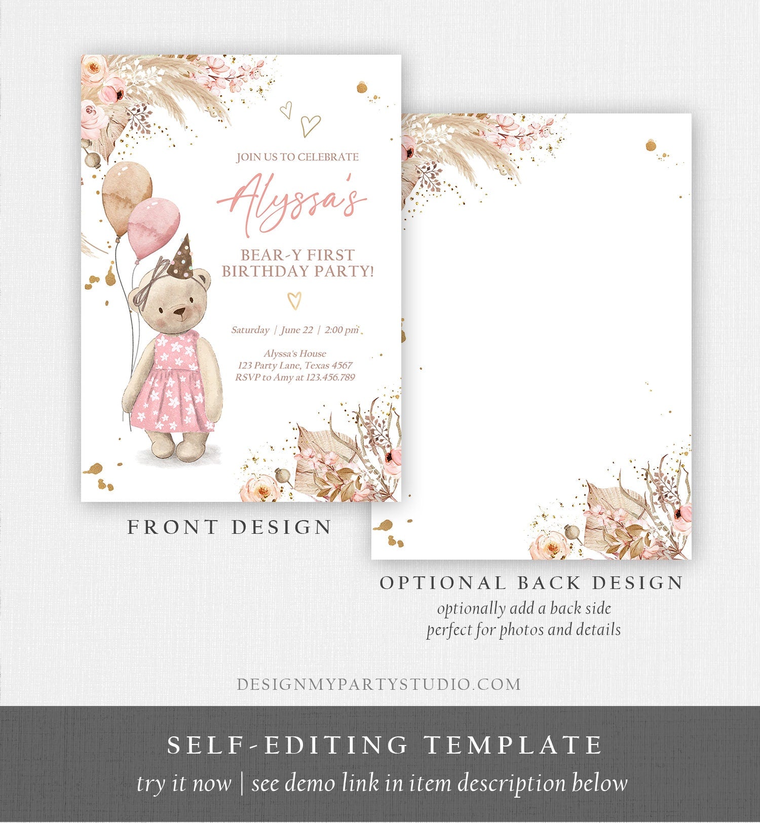 Editable Cute Teddy Bear 1st Birthday Invitation Girl Boho Teddy Bear Picnic Summer Beary First One Printable Digital Corjl Template 0421