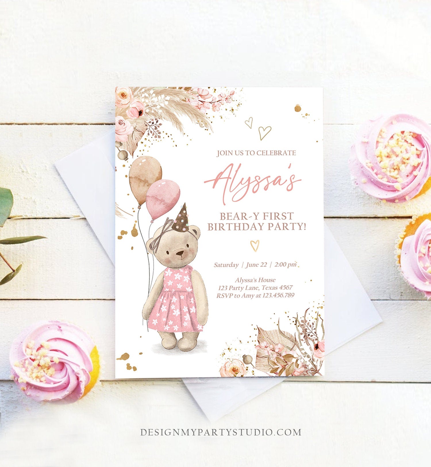 Editable Cute Teddy Bear 1st Birthday Invitation Girl Boho Teddy Bear Picnic Summer Beary First One Printable Digital Corjl Template 0421