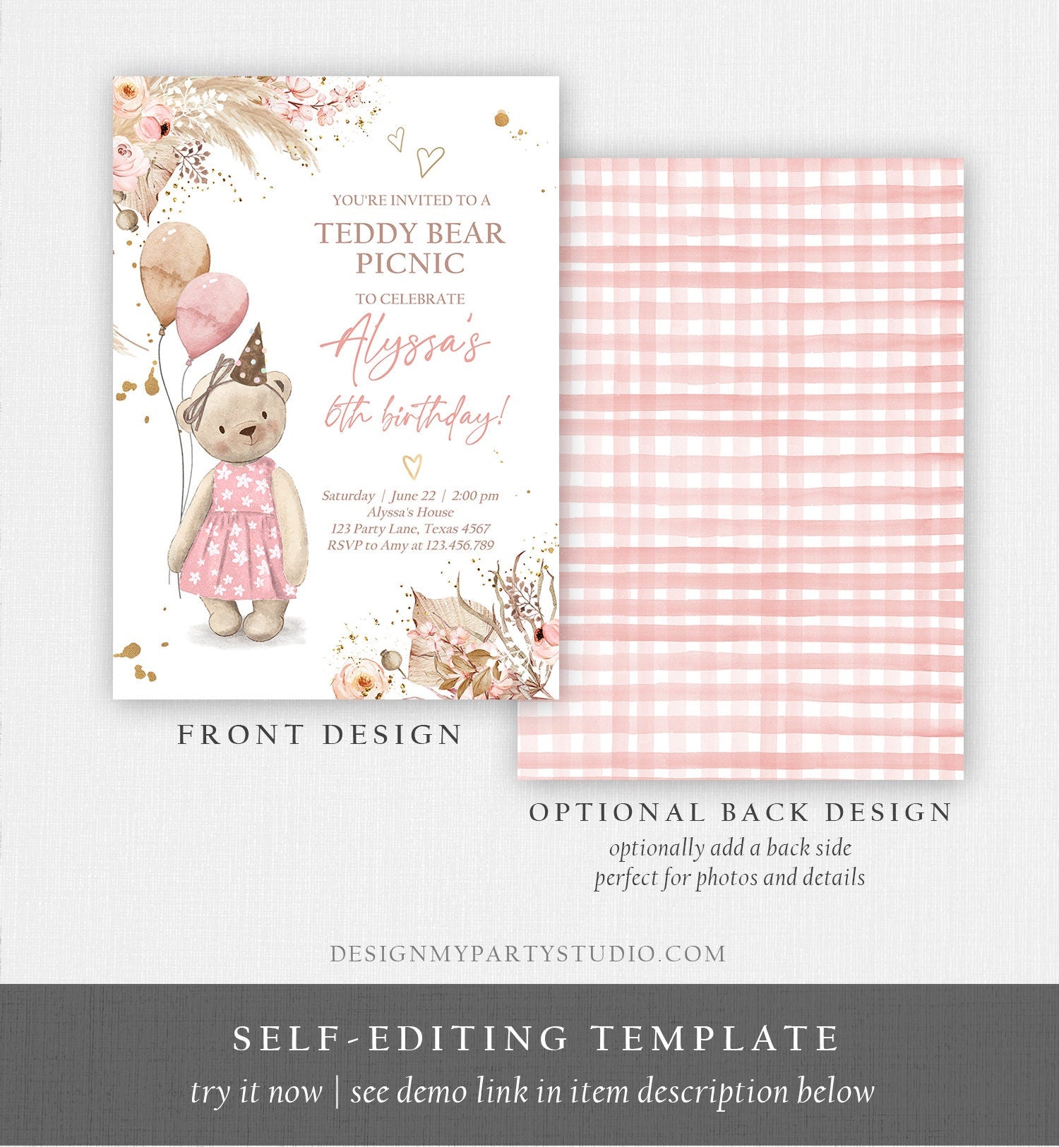 Editable Teddy Bear Picnic Birthday Invitation Girl Pink Boho Bear Picnic Summer Outdoor Party Printable Digital Corjl Template 0421