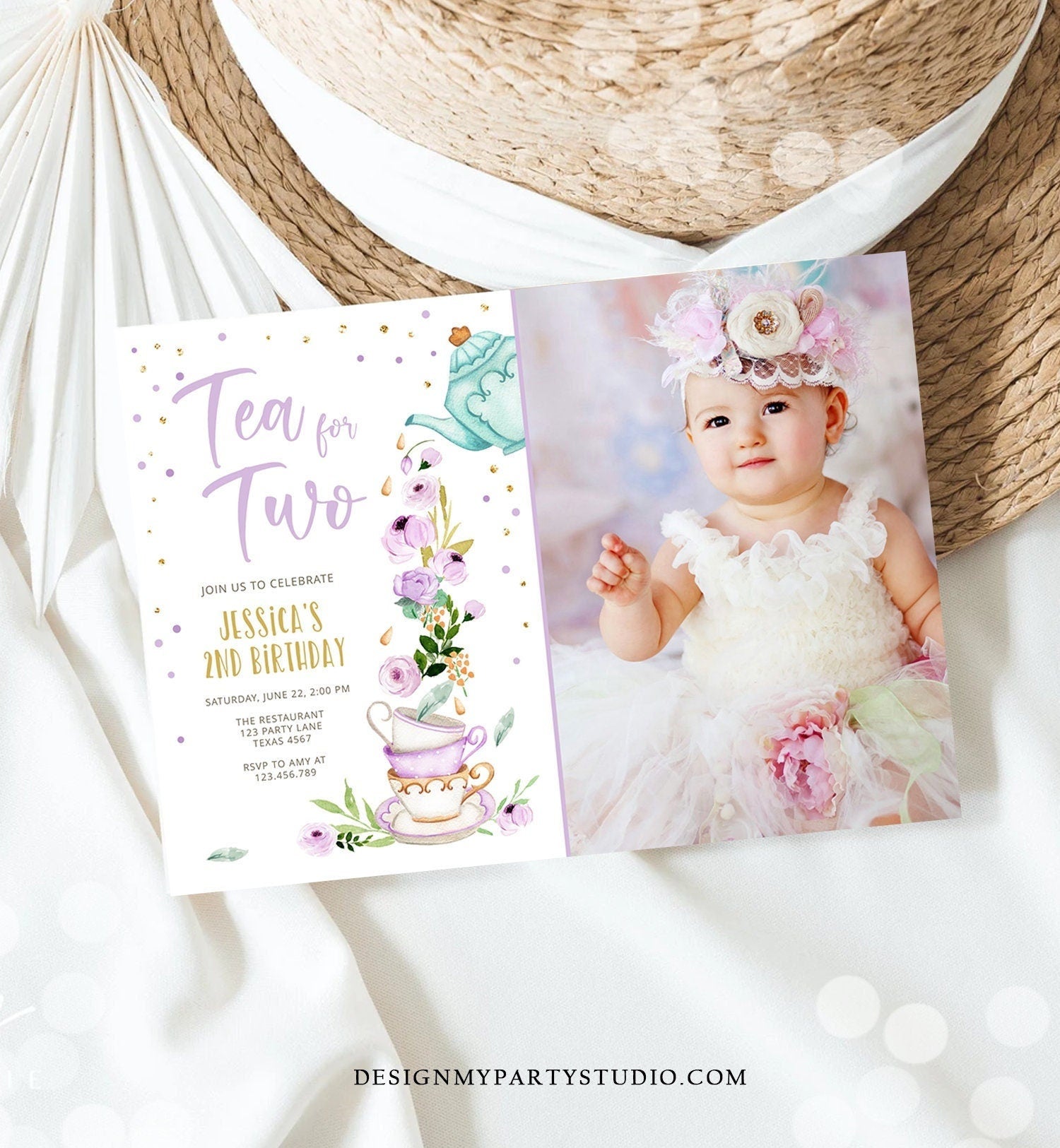 Editable Tea for Two Birthday Invitation Girl Tea Party Invite Pink Purple Floral Baby Shower Download Printable Template Digital Evite 0349