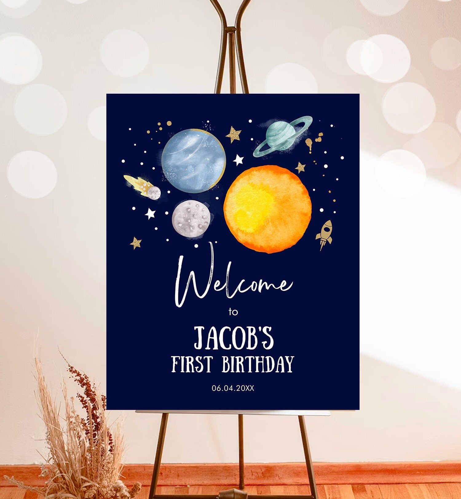 Editable Outer Space Birthday Welcome Sign 1st Birthday Boy Galaxy Planets Trip Around the Sun Astronaut Digital Template Printable 0357