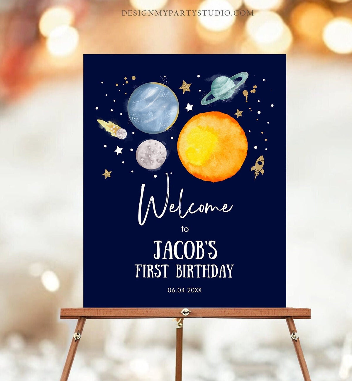 Editable Outer Space Birthday Welcome Sign 1st Birthday Boy Galaxy Planets Trip Around the Sun Astronaut Digital Template Printable 0357