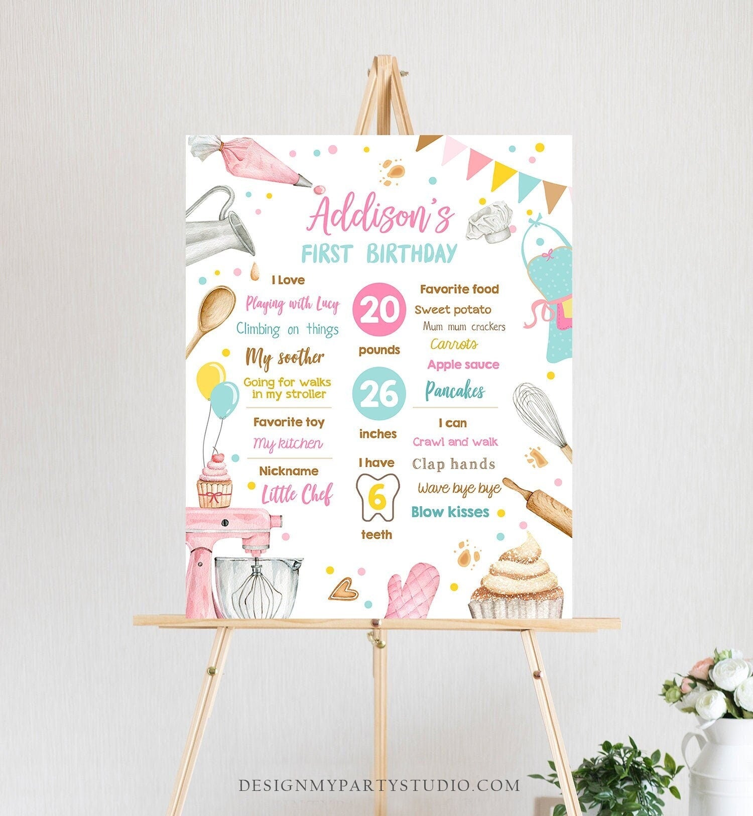 Editable Little Chef Birthday Milestones Sign ANY AGE 1st Birthday Baking Birthday Cooking Cupcake Decorating Template Printable Corjl 0364