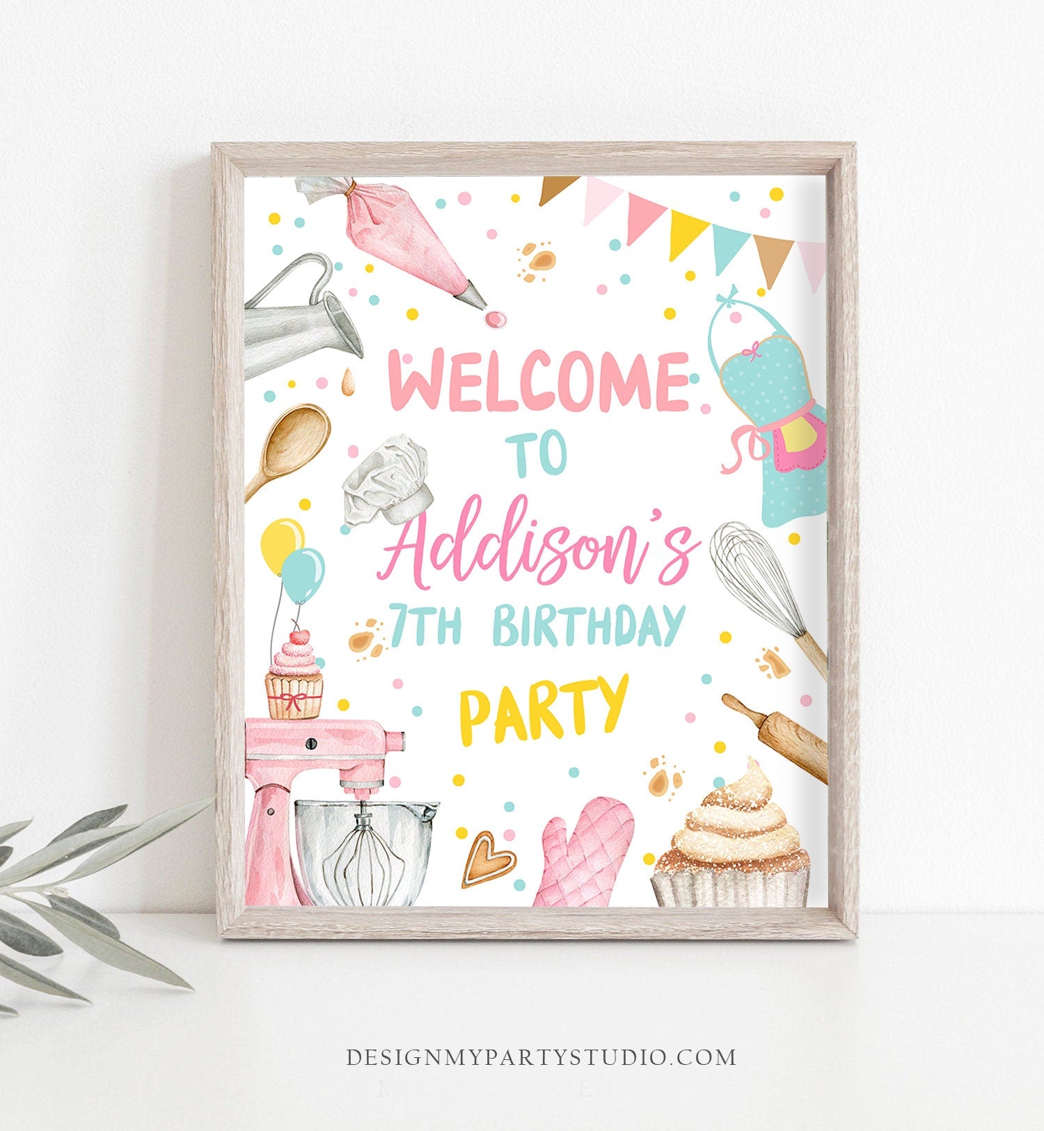 Editable Baking Birthday Party Welcome Sign Cooking Birthday Welcome Pink Girl Little Chef Cupcake Decorating Template PRINTABLE Corjl 0364