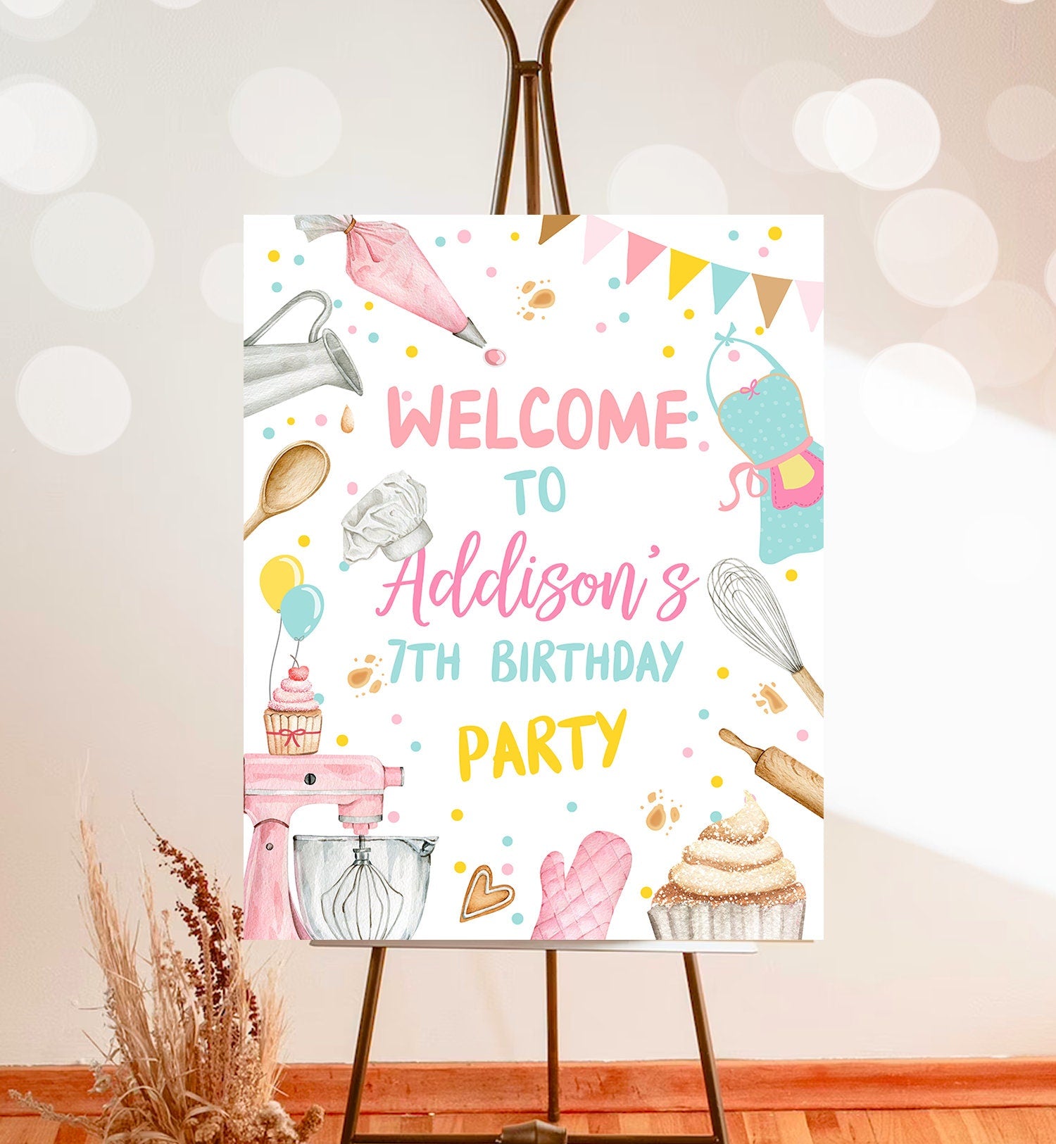 Editable Baking Birthday Party Welcome Sign Cooking Birthday Welcome Pink Girl Little Chef Cupcake Decorating Template PRINTABLE Corjl 0364