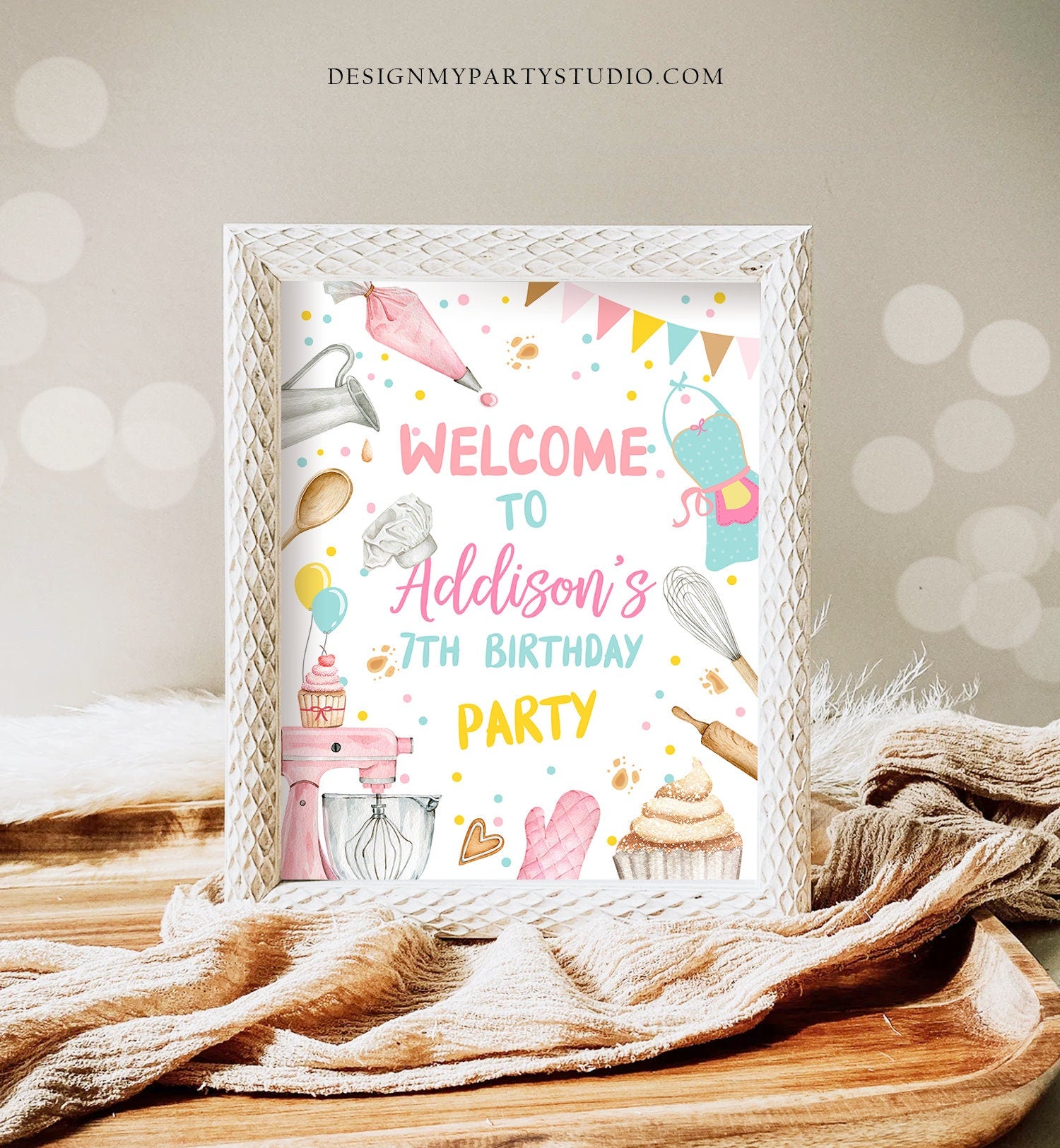 Editable Baking Birthday Party Welcome Sign Cooking Birthday Welcome Pink Girl Little Chef Cupcake Decorating Template PRINTABLE Corjl 0364