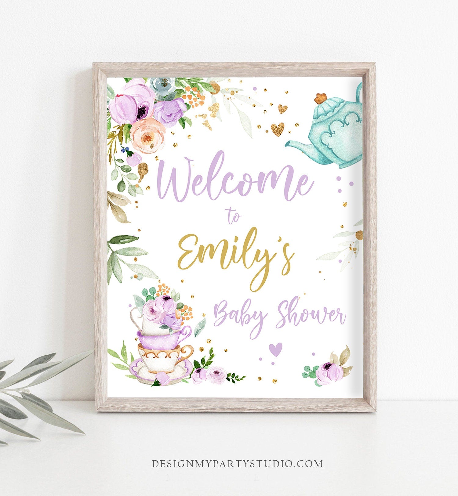 Editable Tea Baby Shower Welcome Sign Baby is Brewing Floral Purple Gold Whimsical Neutral Shower Garden Party Template PRINTABLE Corjl 0349