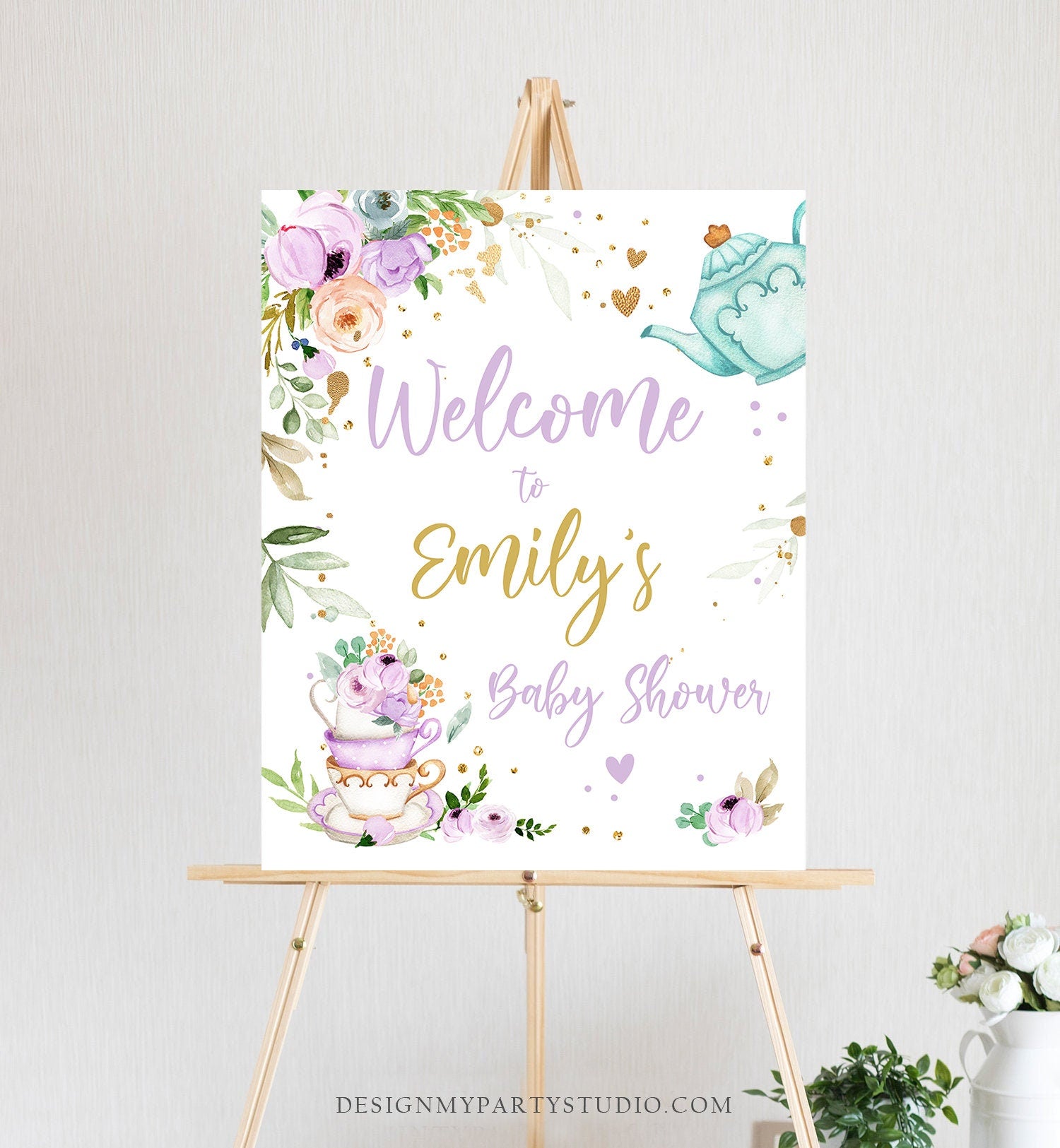 Editable Tea Baby Shower Welcome Sign Baby is Brewing Floral Purple Gold Whimsical Neutral Shower Garden Party Template PRINTABLE Corjl 0349