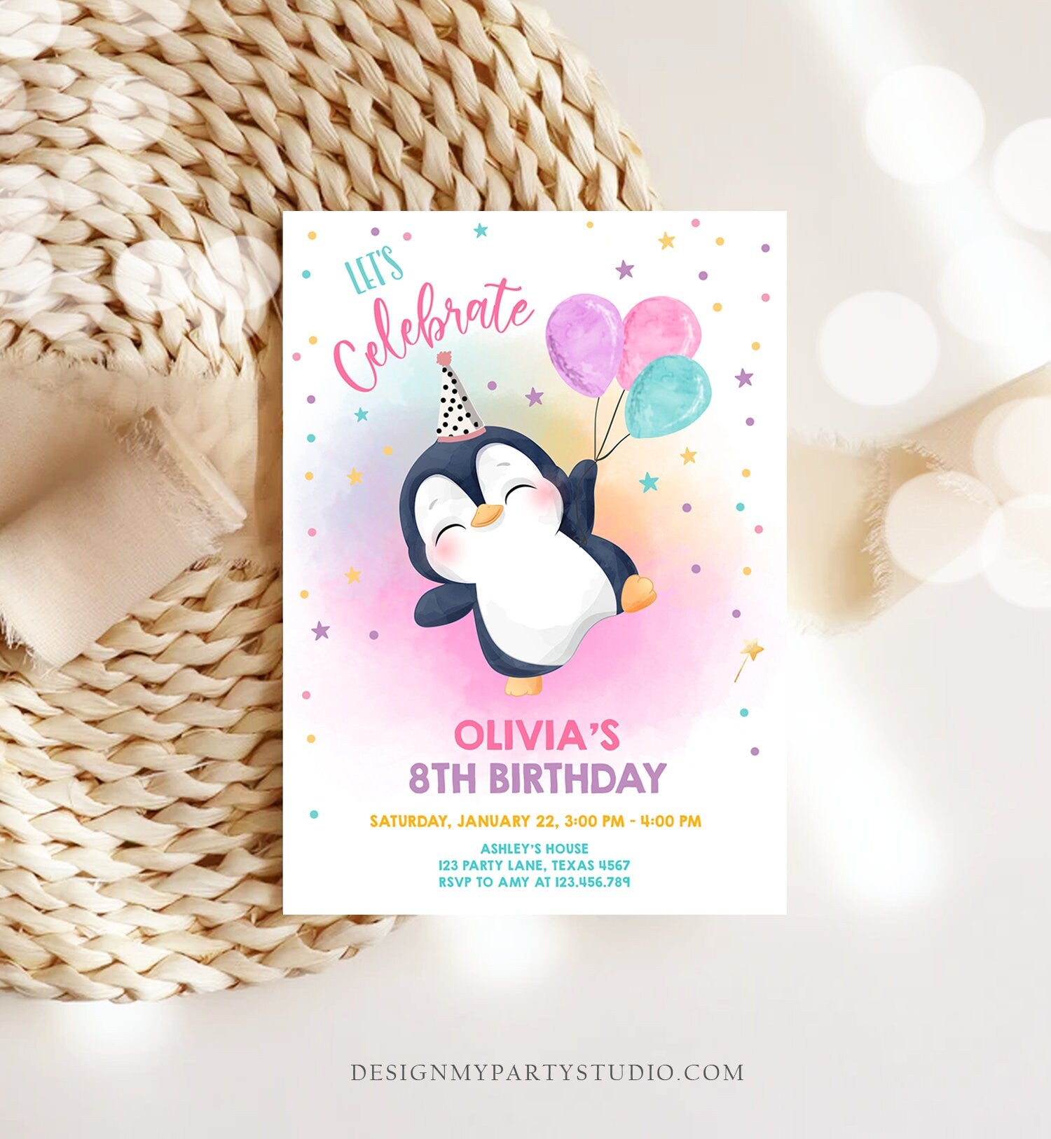 Editable Penguin Birthday Invitation Winter Party Arctic Animals Girl birthday Party Cute Penguin Baby Shower Printable Digital Evite 0372