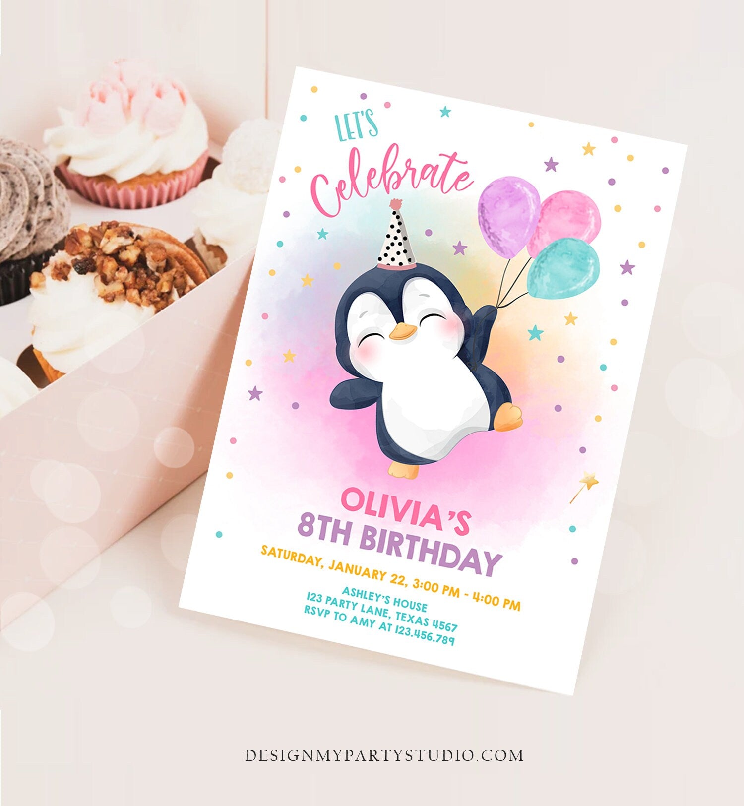 Editable Penguin Birthday Invitation Winter Party Arctic Animals Girl birthday Party Cute Penguin Baby Shower Printable Digital Evite 0372