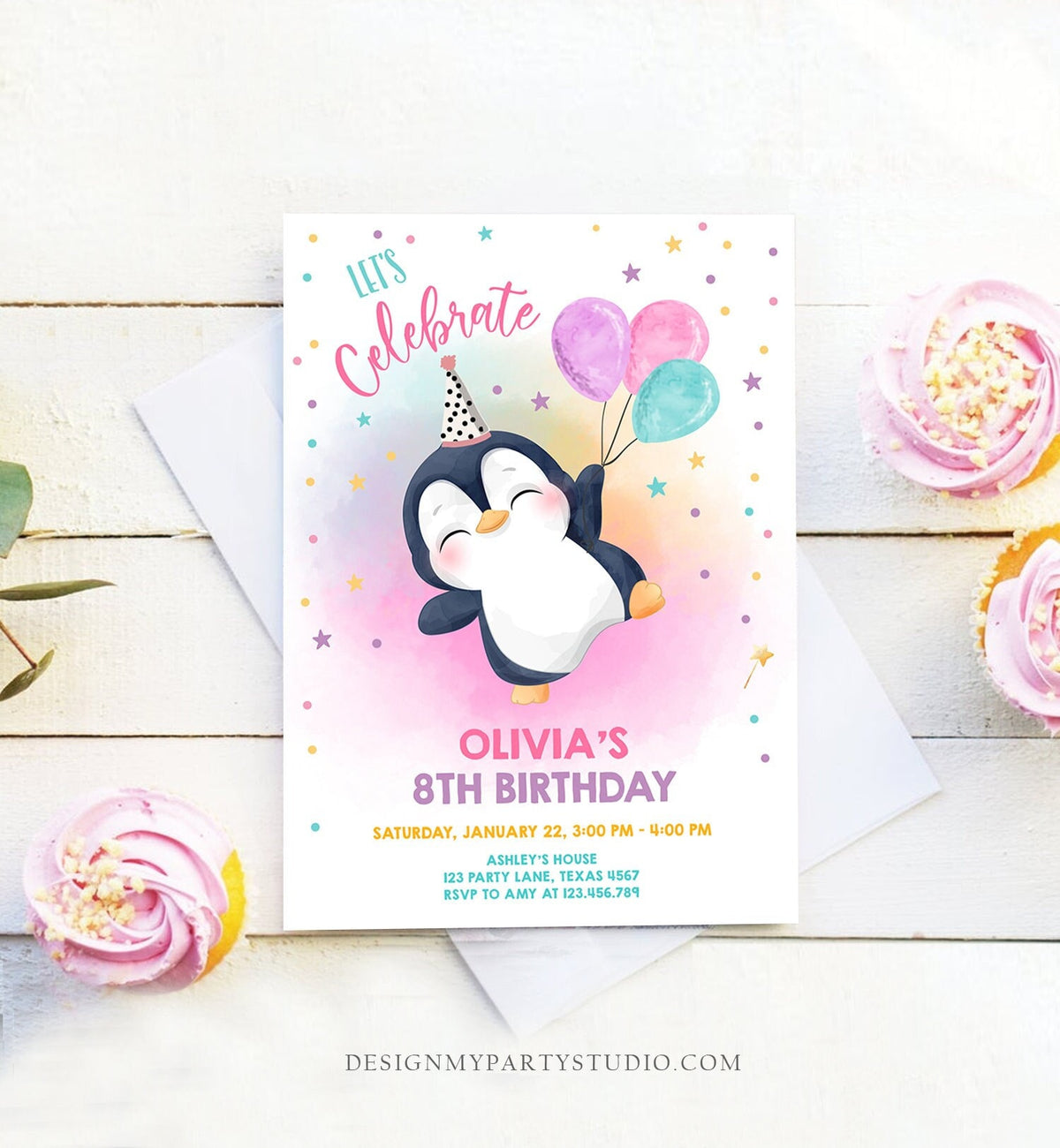 Editable Penguin Birthday Invitation Winter Party Arctic Animals Girl birthday Party Cute Penguin Baby Shower Printable Digital Evite 0372