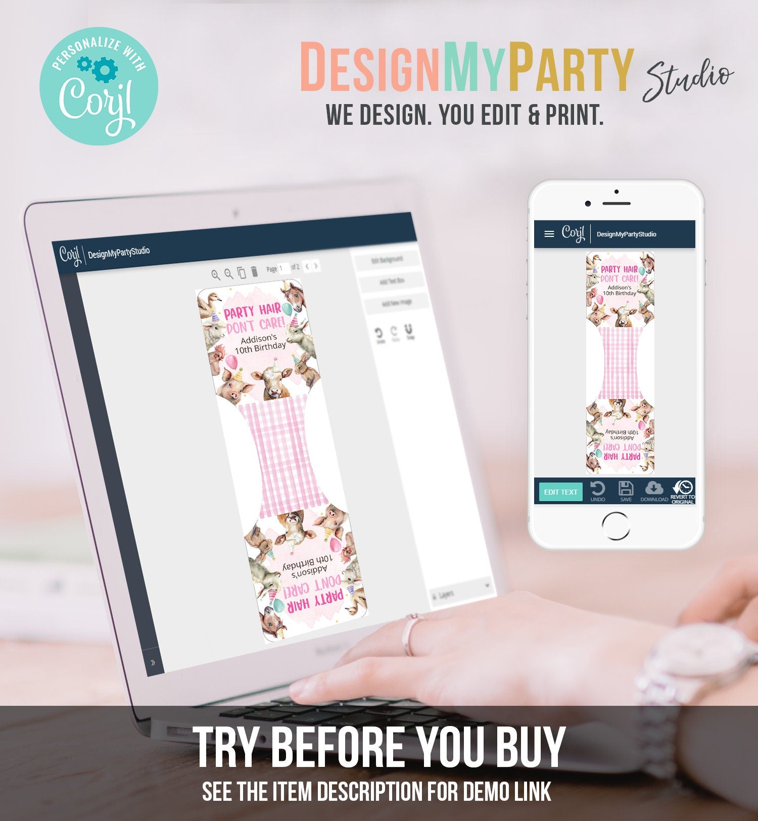 Editable Party Animals Birthday Favors Farm Animals Favors Hair Band Party Hair Farm Favors Barnyard Pink Template Printable Corjl 0448