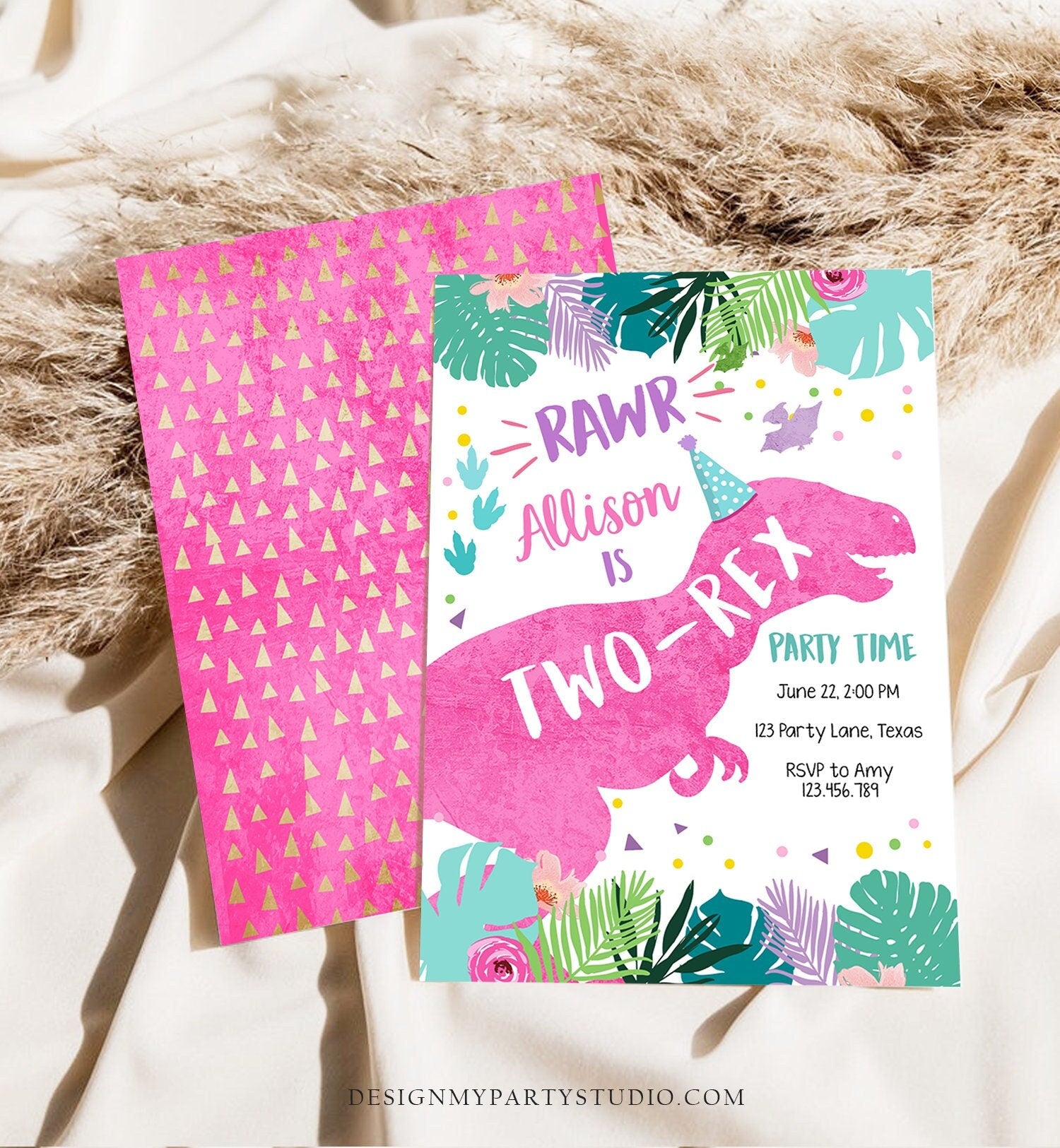 Editable Two-Rex Dinosaur Birthday Invitation Dino T-Rex Second Birthday 2nd Rawr Girl Pink Dino Prehistoric Printable Corjl Template 0423