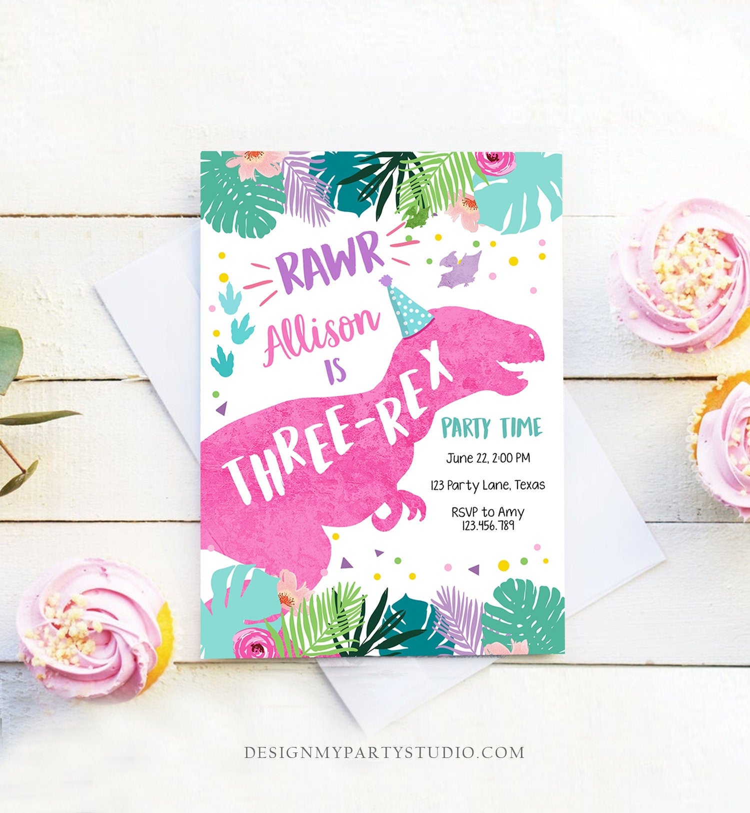 Editable Three-Rex Dinosaur Birthday Invitation Dino T-Rex Third Birthday 3rd Rawr Girl Pink Dino Prehistoric Printable Corjl Template 0423