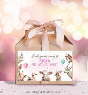 Editable Farm Animals Gable Gift Box Label Pink Farm Birthday Girl Treat Box Label Party Animals Barnyard Party Digital Printable Corjl 0448