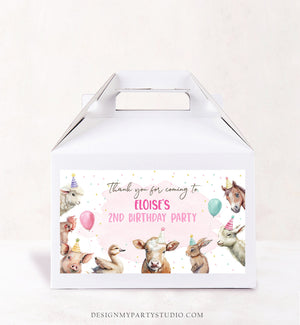 Editable Farm Animals Gable Gift Box Label Pink Farm Birthday Girl Treat Box Label Party Animals Barnyard Party Digital Printable Corjl 0448