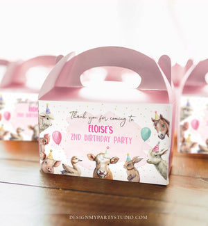 Editable Farm Animals Gable Gift Box Label Pink Farm Birthday Girl Treat Box Label Party Animals Barnyard Party Digital Printable Corjl 0448