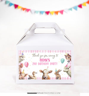 Editable Farm Animals Gable Gift Box Label Pink Farm Birthday Girl Treat Box Label Party Animals Barnyard Party Digital Printable Corjl 0448