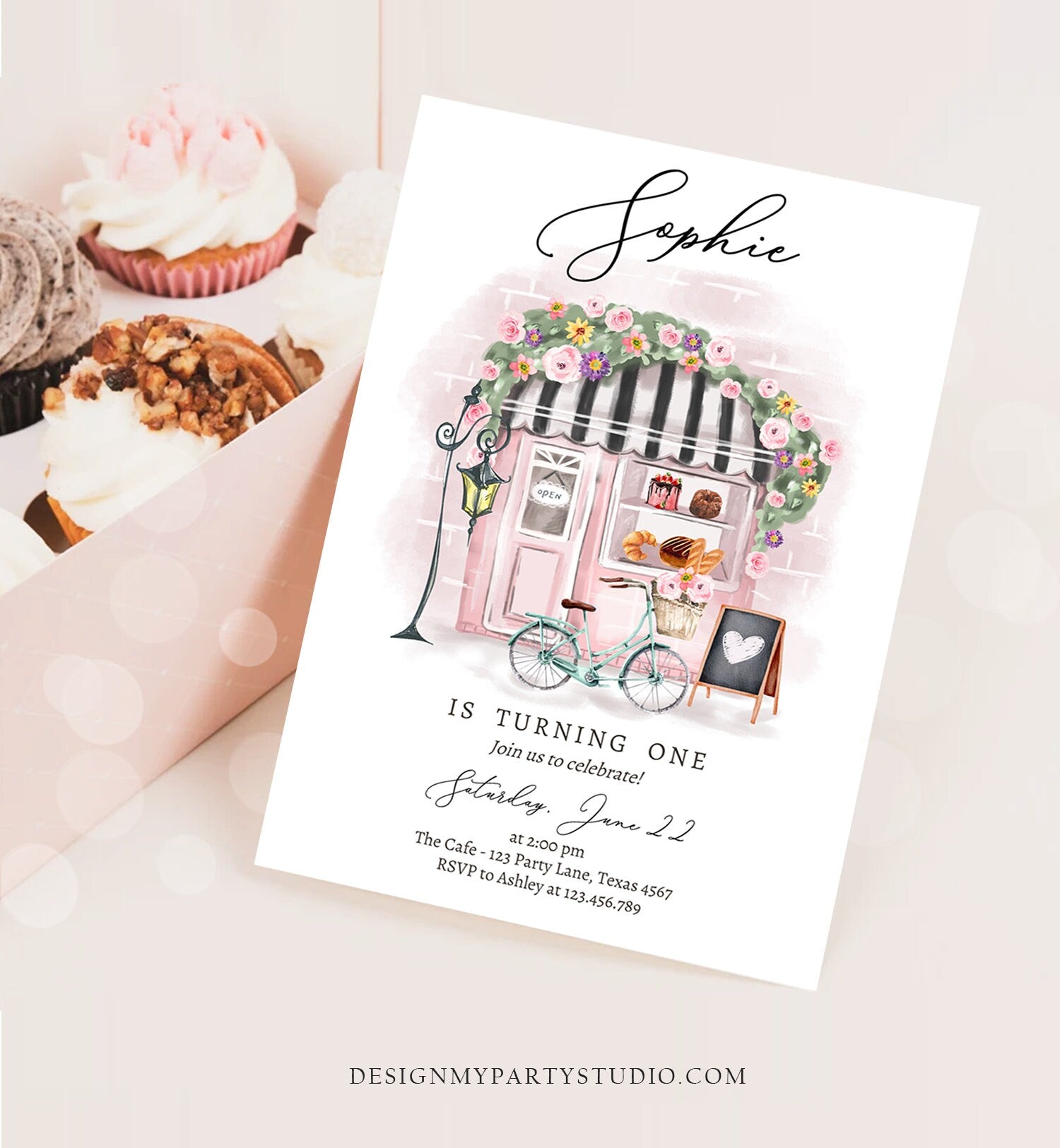 Editable Paris Birthday Invitation Girl Tea Party Invite Pink Floral French Parisian Cafe Patisserie Printable Template Corjl Digital 0441