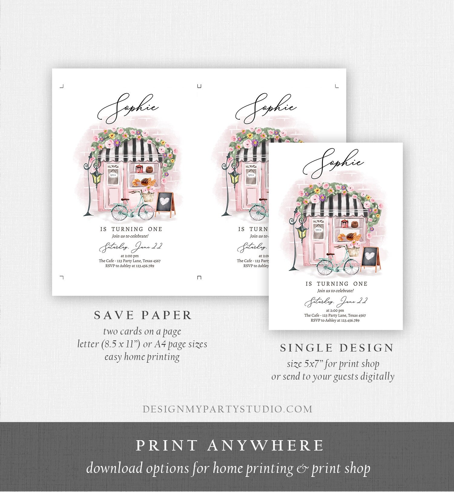 Editable Paris Birthday Invitation Girl Tea Party Invite Pink Floral French Parisian Cafe Patisserie Printable Template Corjl Digital 0441