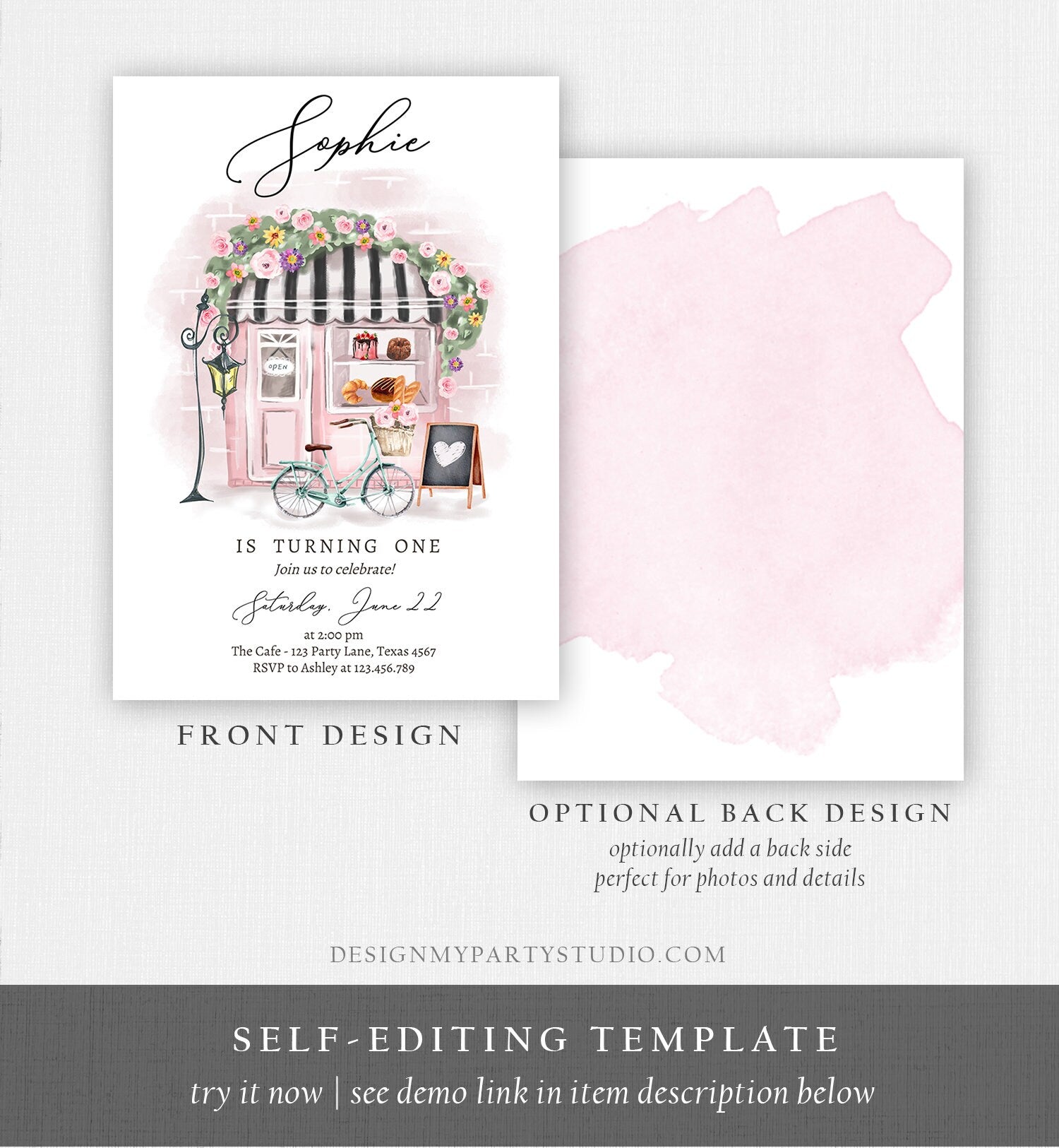 Editable Paris Birthday Invitation Girl Tea Party Invite Pink Floral French Parisian Cafe Patisserie Printable Template Corjl Digital 0441