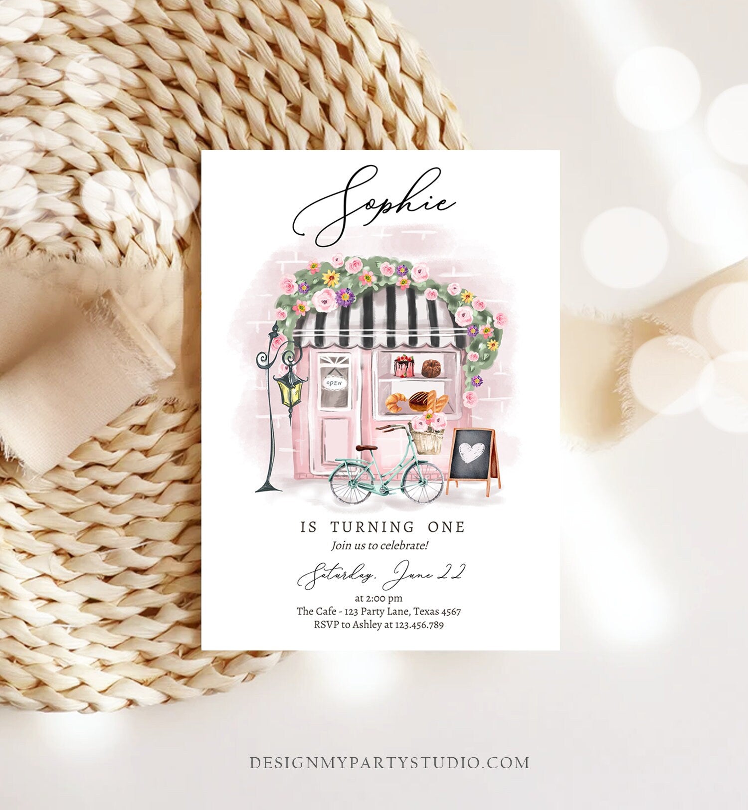 Editable Paris Birthday Invitation Girl Tea Party Invite Pink Floral French Parisian Cafe Patisserie Printable Template Corjl Digital 0441