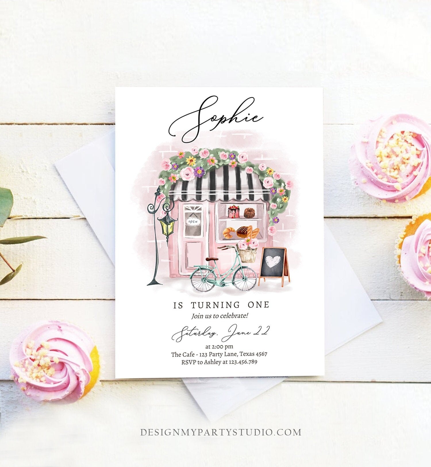 Editable Paris Birthday Invitation Girl Tea Party Invite Pink Floral French Parisian Cafe Patisserie Printable Template Corjl Digital 0441