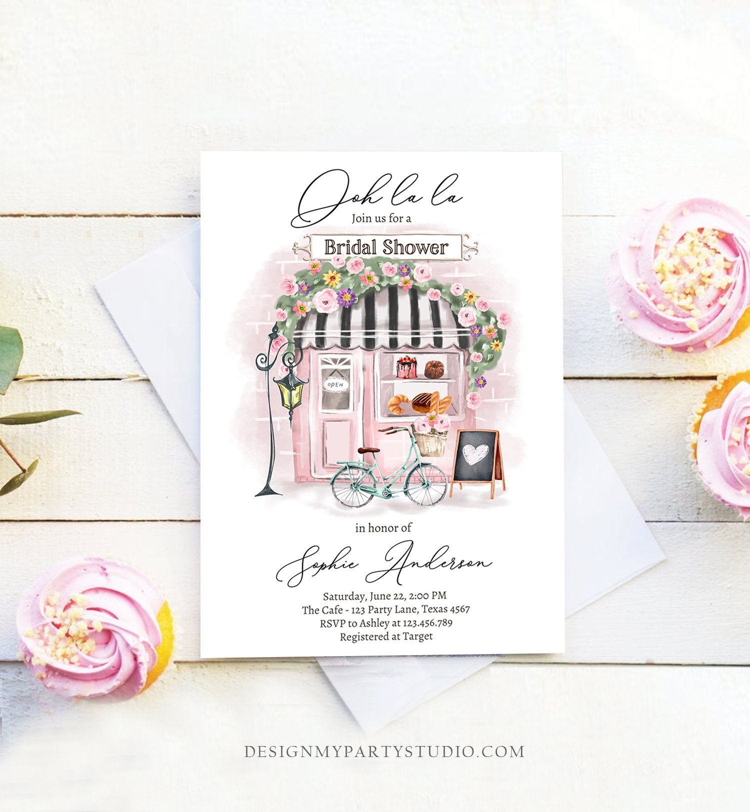 Editable Paris Bridal Shower Invitation French Patisserie Parisian Tea Party Brunch Ooh La La Cafe Floral Pink Printable Corjl Digital 0441