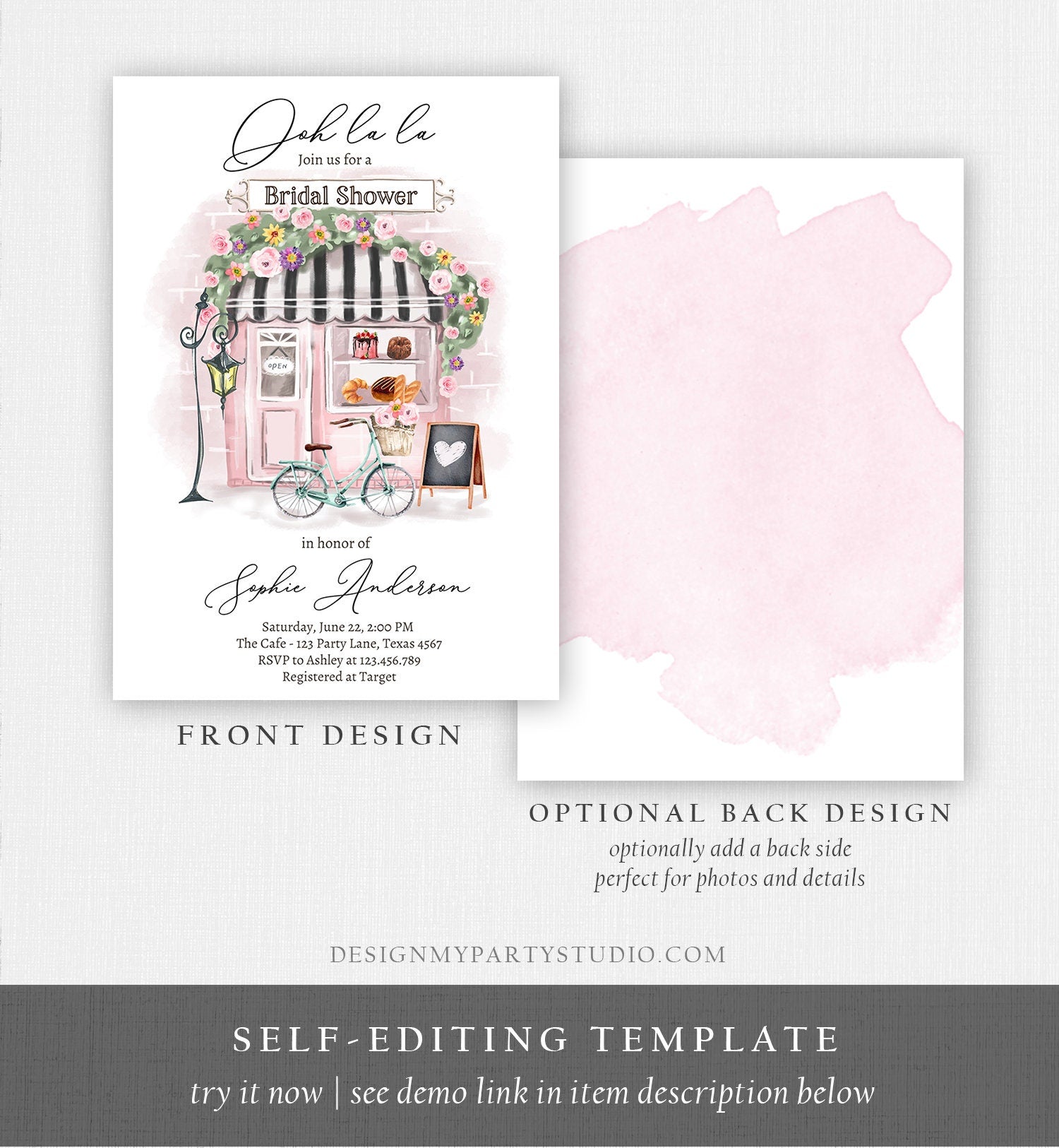 Editable Paris Bridal Shower Invitation French Patisserie Parisian Tea Party Brunch Ooh La La Cafe Floral Pink Printable Corjl Digital 0441