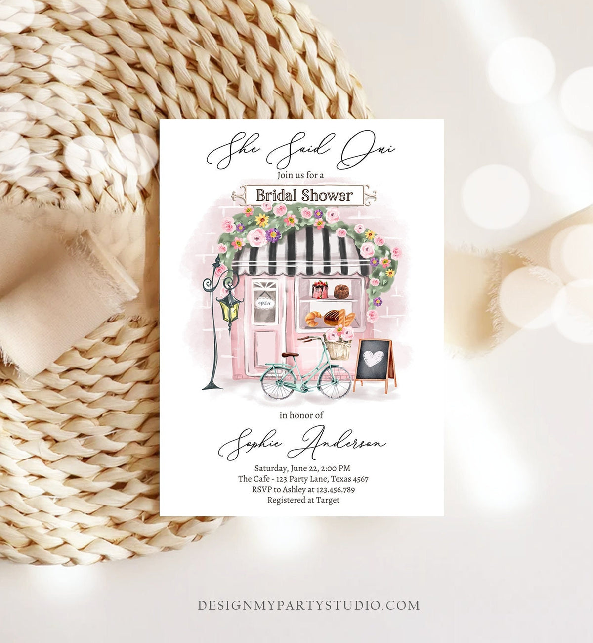 Editable Paris Bridal Shower Invitation She Said Oui French Patisserie Parisian Tea Party Floral Pink Printable Template Corjl Digital 0441