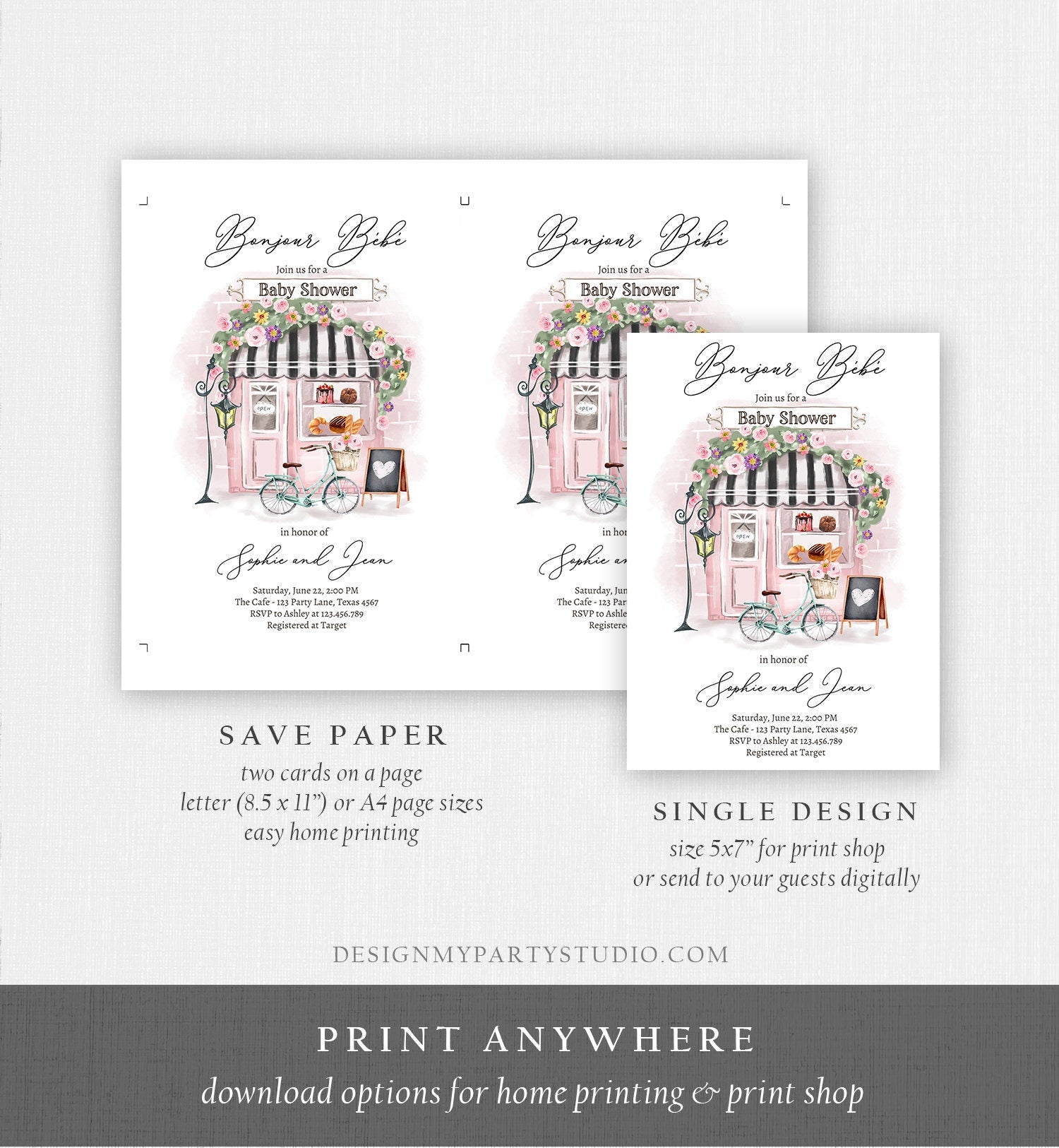 Editable Paris Baby Shower Invitation Bonjour Bebe French Patisserie Parisian Tea Party Floral Pink Printable Template Corjl Digital 0441