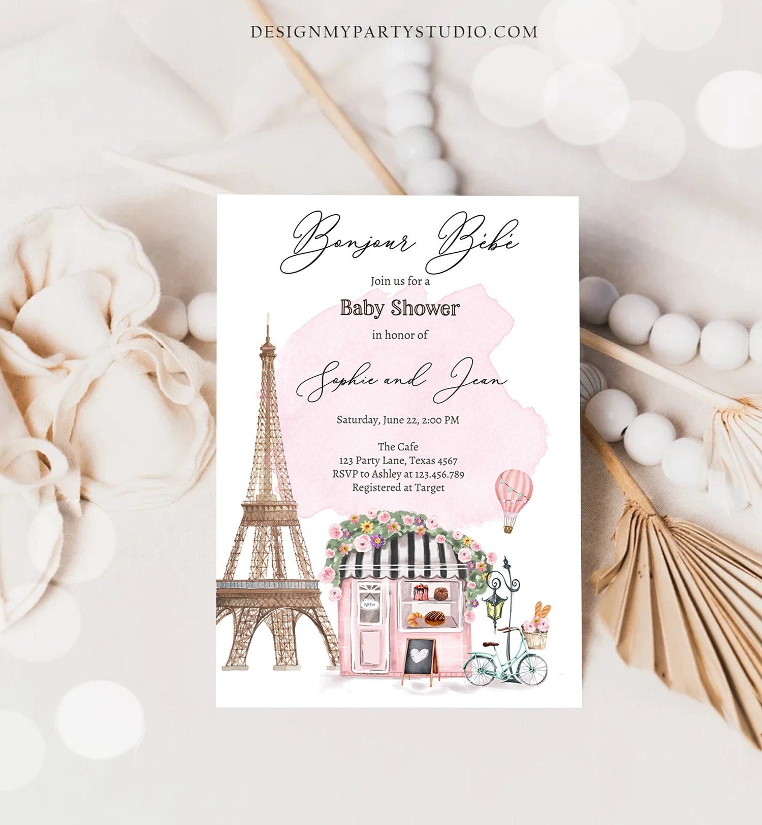 Editable Paris Baby Shower Invitation Bonjour Bebe French Patisserie Parisian Eiffel Tower Pink Download Evite Template Printable 0441