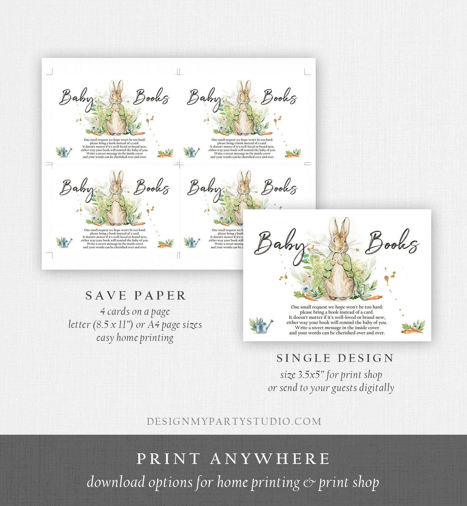 Editable Peter Rabbit Bring a Book Card Baby Shower Book Insert Books for Baby Gender Green Neutral Spring Corjl Template PRINTABLE 0351