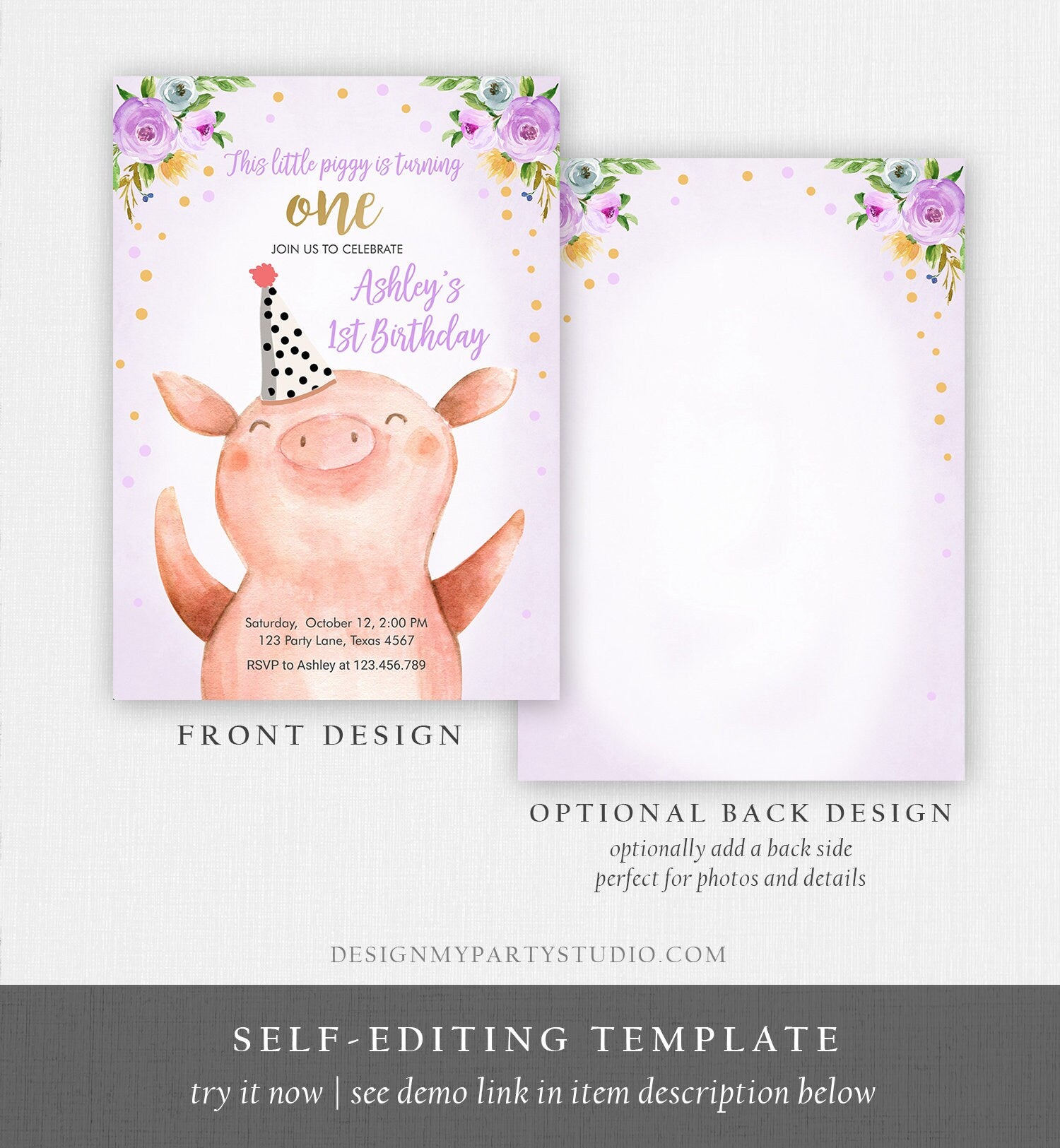 Editable Pig Birthday Invitation Girl Farm Animals Purple Floral Barnyard Party Download Printable Invitation Template Corjl Digital 0188