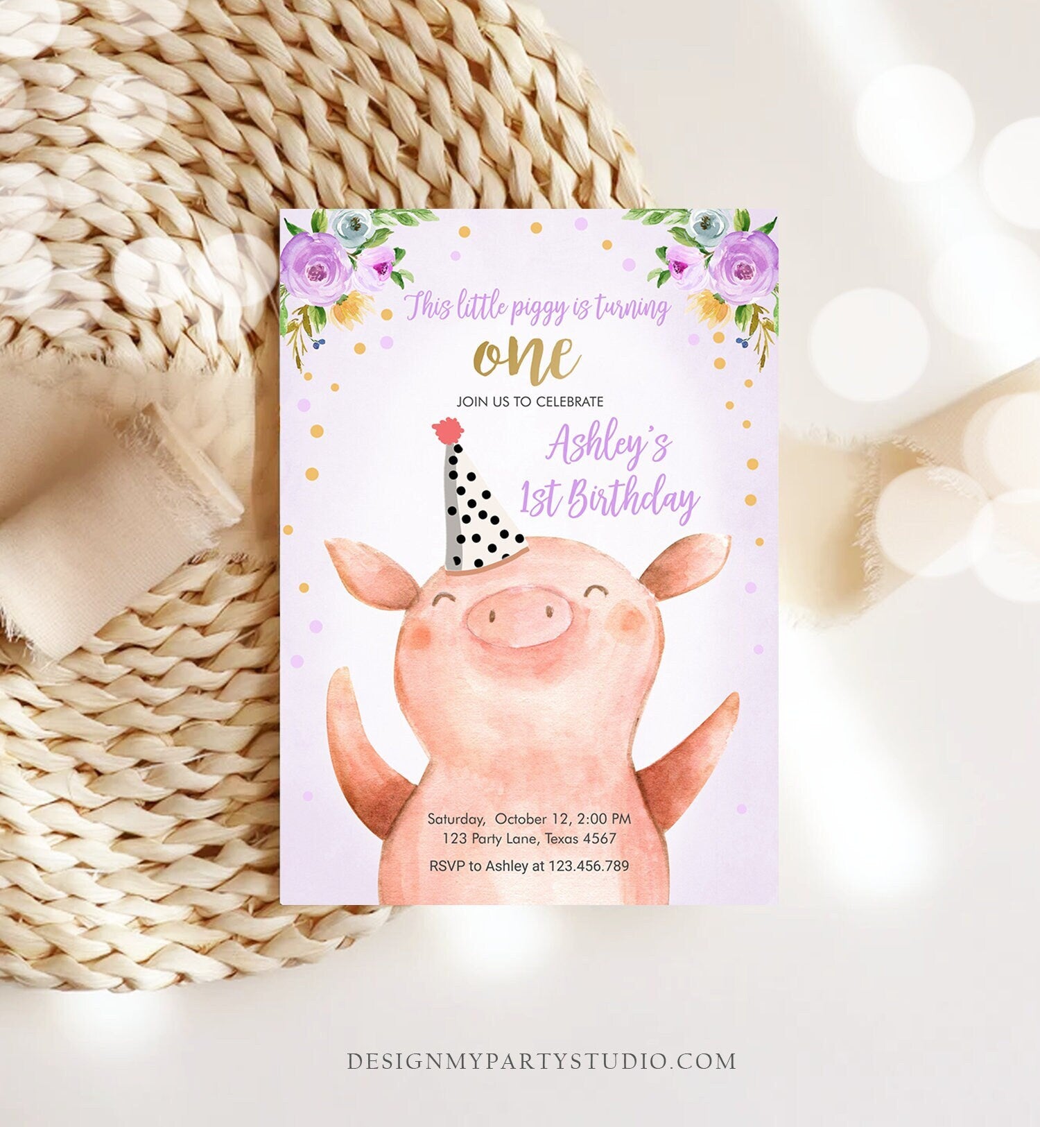 Editable Pig Birthday Invitation Girl Farm Animals Purple Floral Barnyard Party Download Printable Invitation Template Corjl Digital 0188