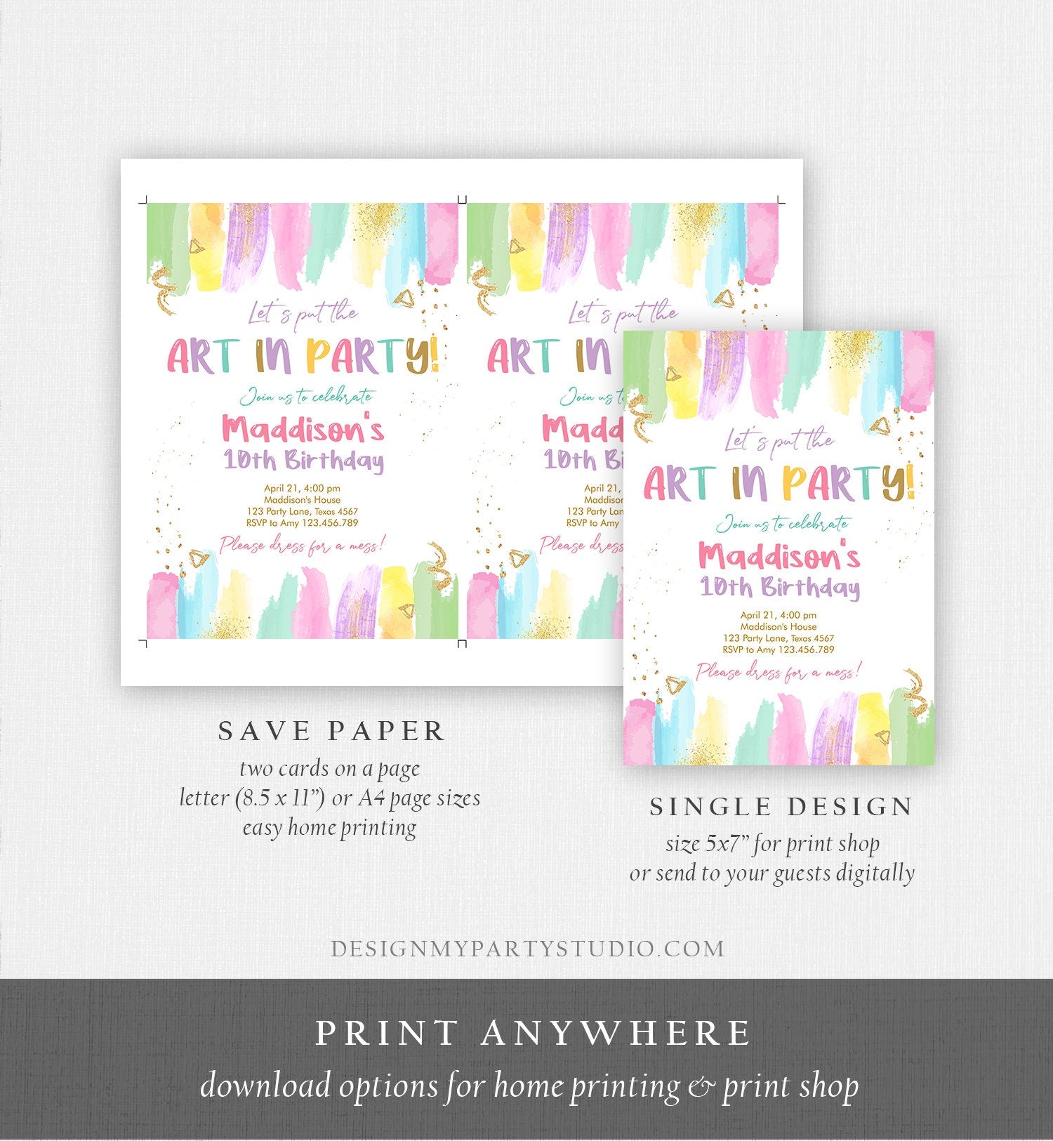 Editable Art Party Invitation Art Birthday Invite Painting Party Craft Party Rainbow Pastel Download Printable Template Digital Corjl 0450