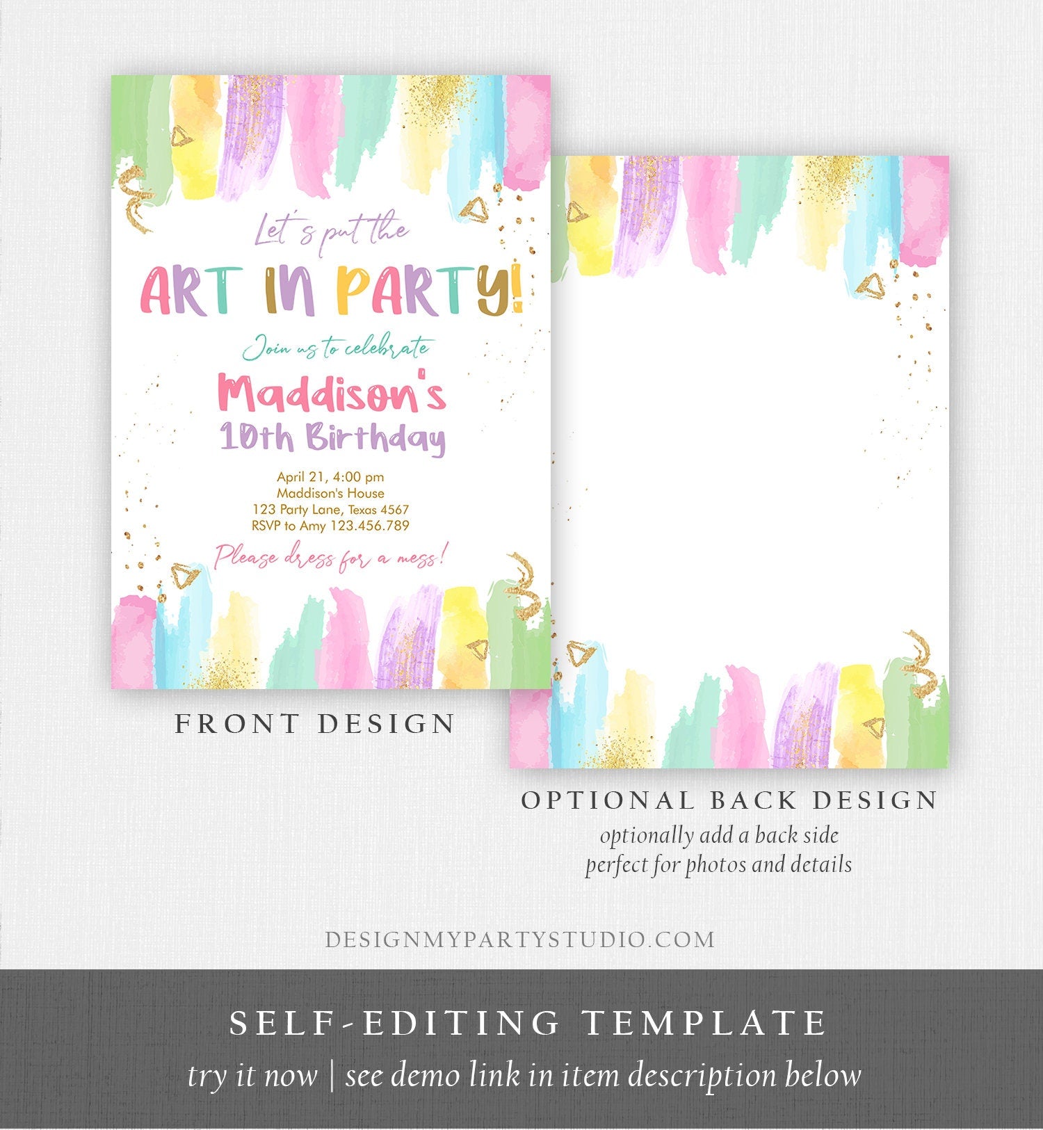 Editable Art Party Invitation Art Birthday Invite Painting Party Craft Party Rainbow Pastel Download Printable Template Digital Corjl 0450