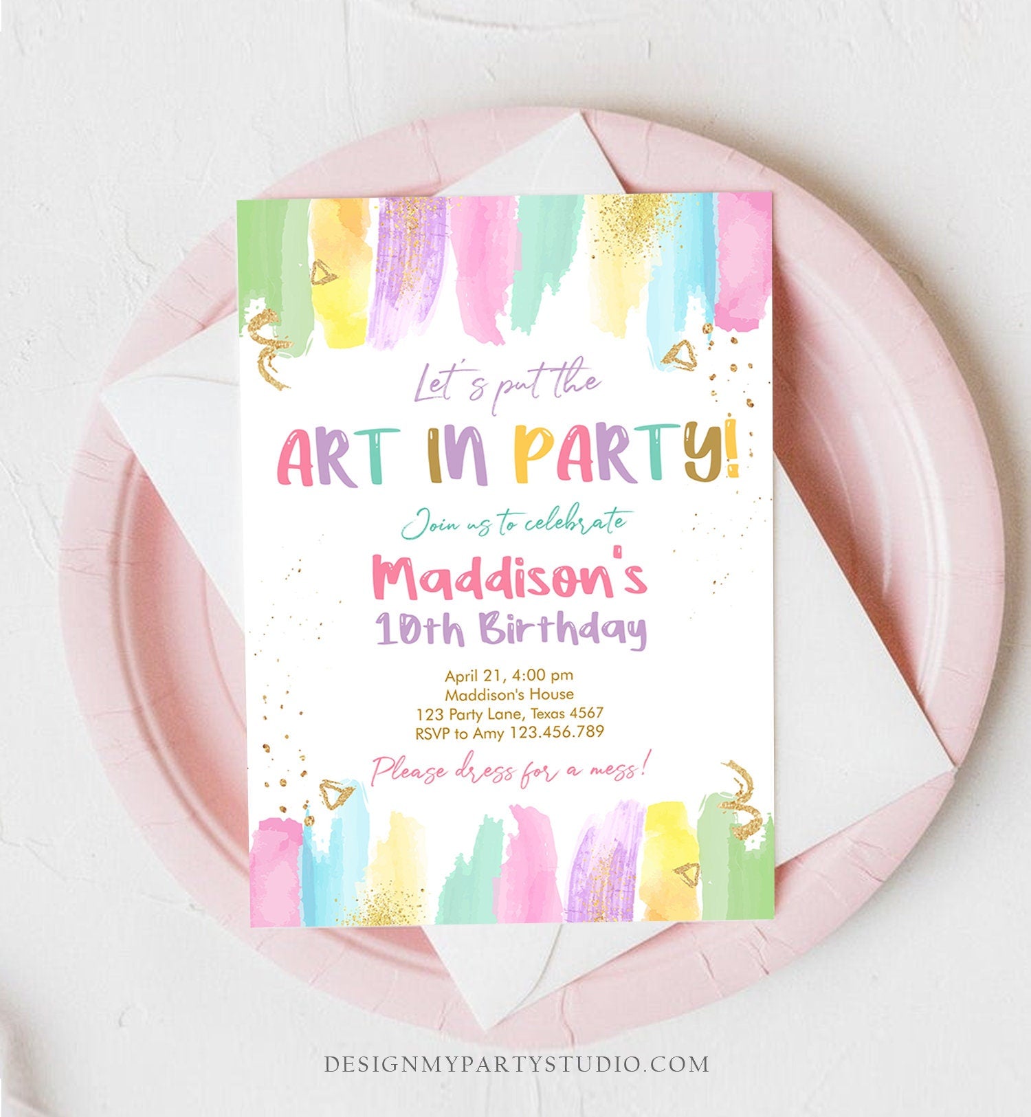 Editable Art Party Invitation Art Birthday Invite Painting Party Craft Party Rainbow Pastel Download Printable Template Digital Corjl 0450