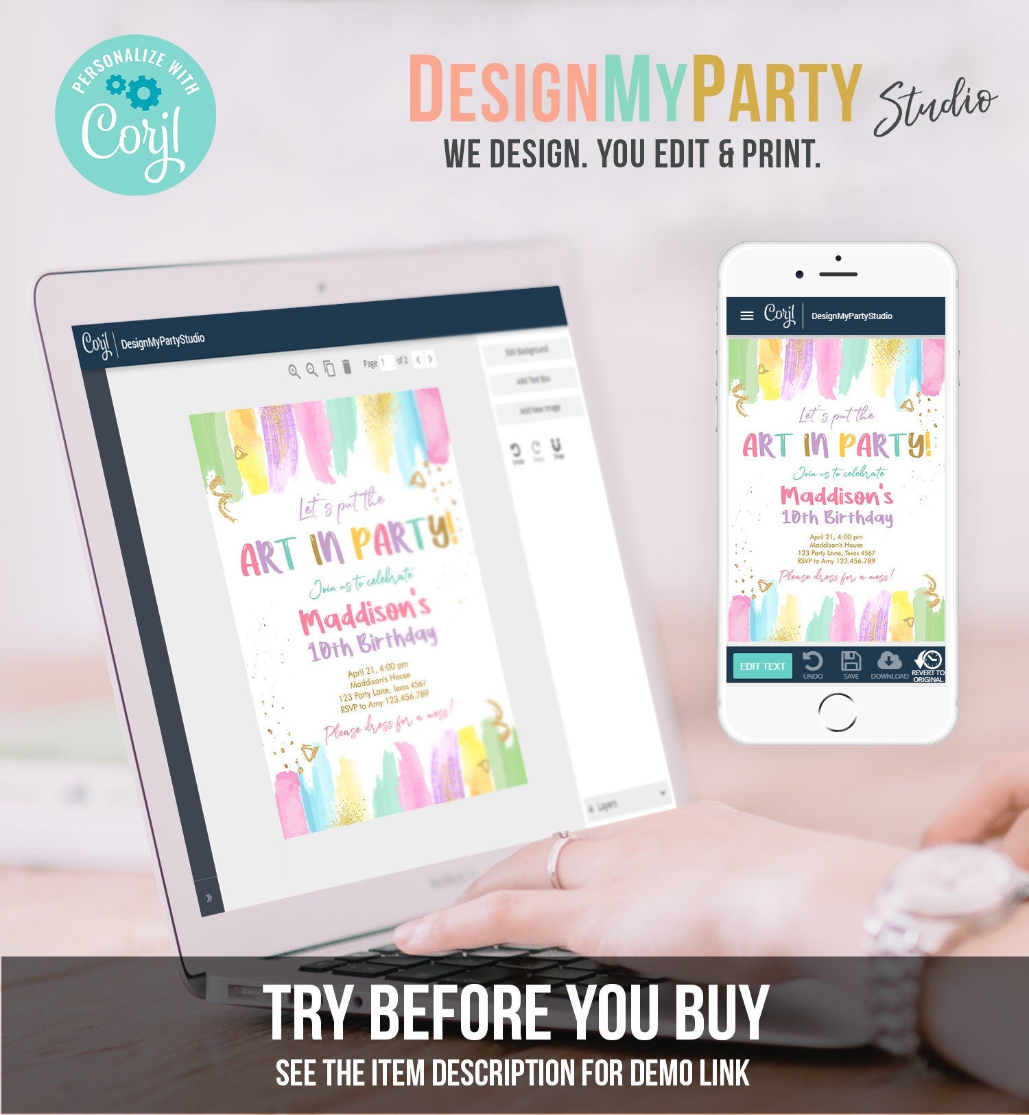 Editable Art Party Invitation Art Birthday Invite Painting Party Craft Party Rainbow Pastel Download Printable Template Digital Corjl 0450