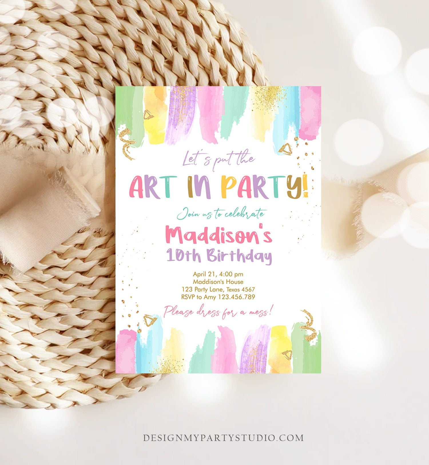 Editable Art Party Invitation Art Birthday Invite Painting Party Craft Party Rainbow Pastel Download Printable Template Digital Corjl 0450