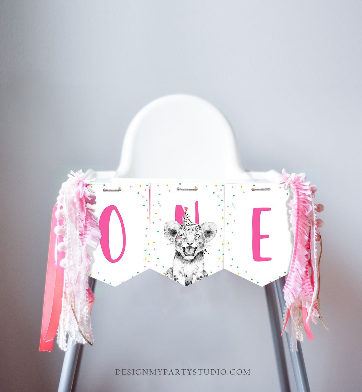 High Chair Banner ONE Banner Safari Animals Party Animals Wild One First Birthday Girl Lion Tiger Cub Girl Digital Download Printable 0390