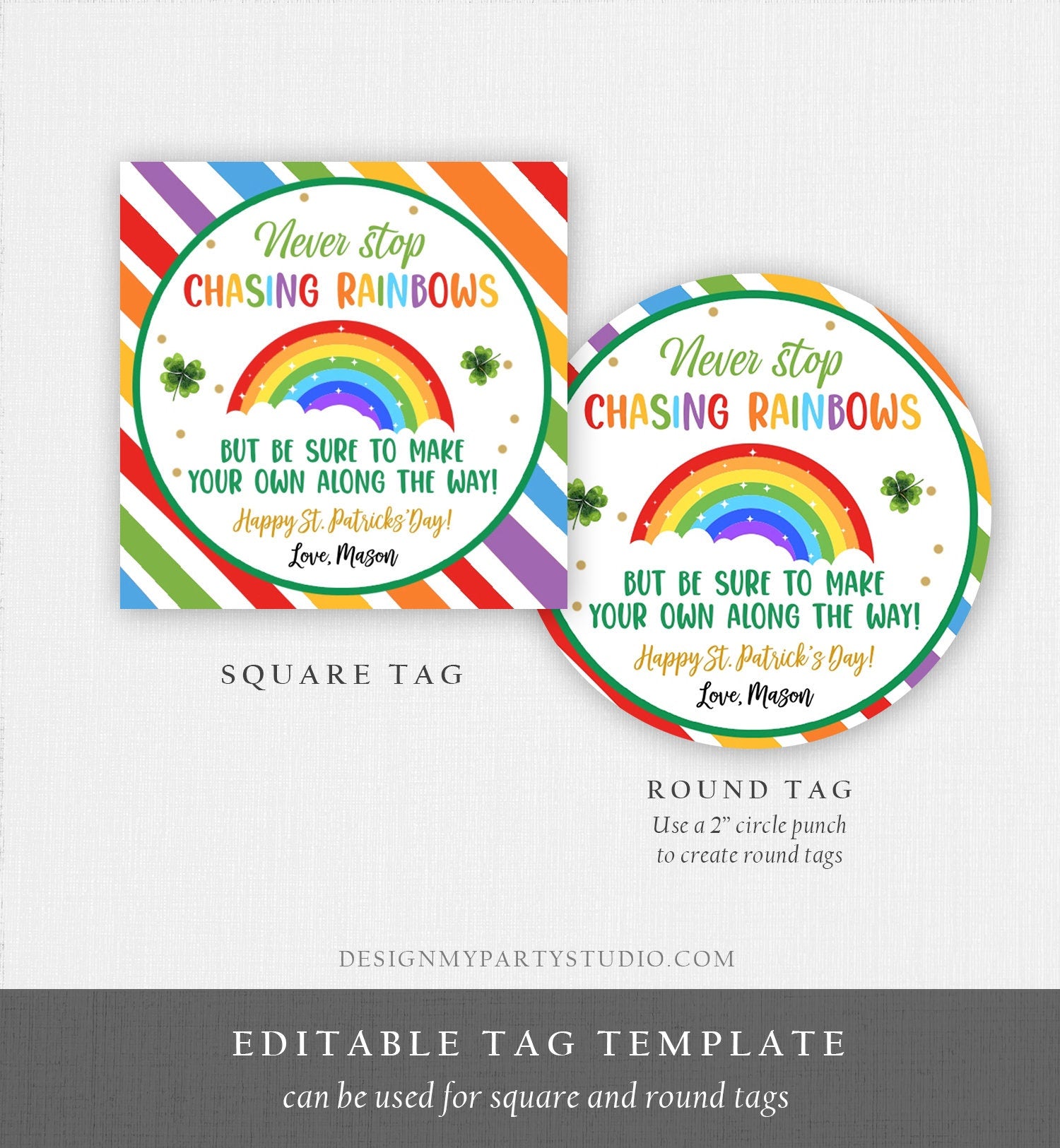 Editable Chasing Rainbows Tag St Patrick's Day Favor Tags Glassroom Gift Kids Crayons Pot of Gold Shamrock Leprechaun Template Corjl 0451