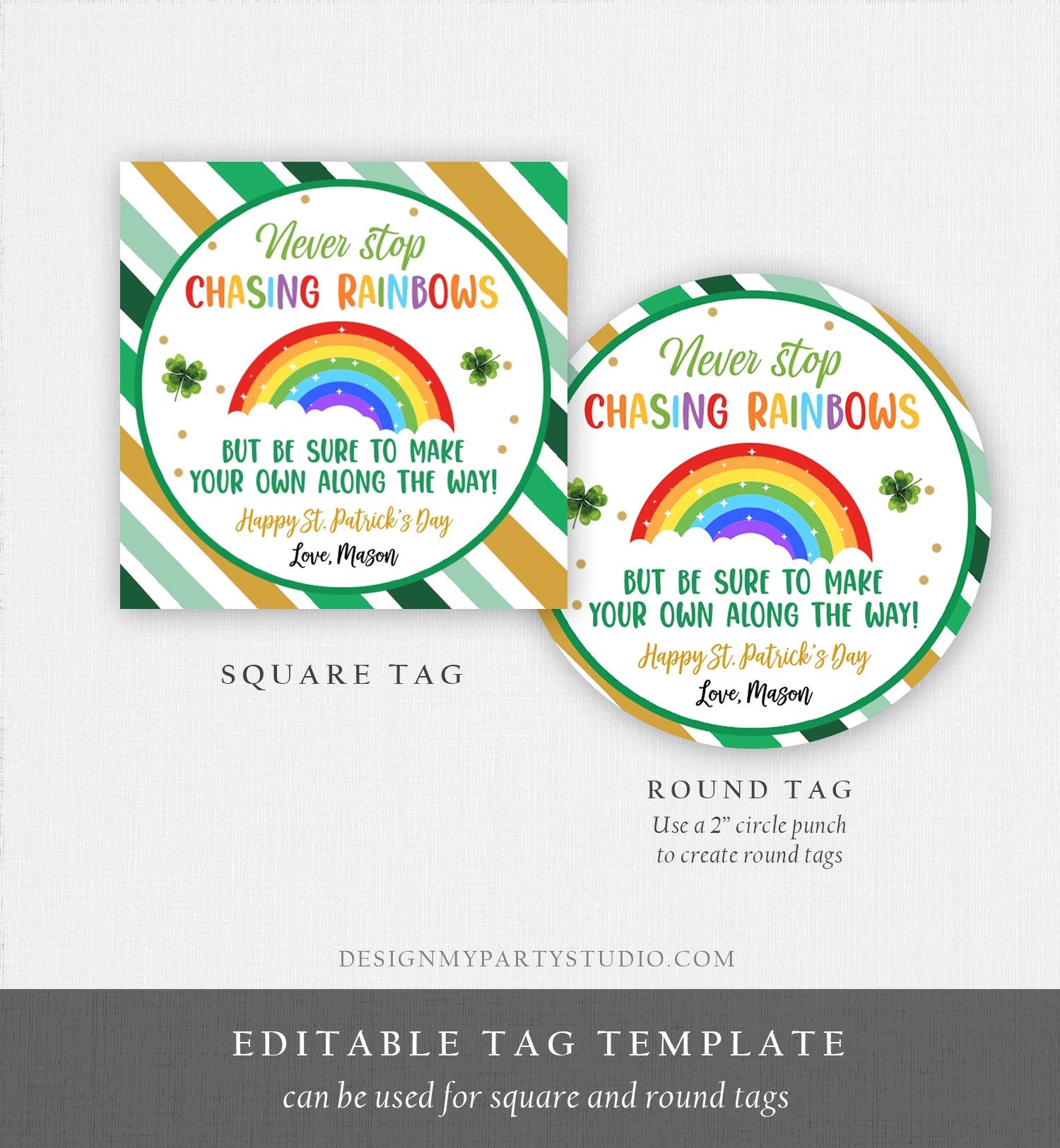 Editable Chasing Rainbows Tag St Patrick's Day Favor Tags Glassroom Gift Kids Crayons Pot of Gold Shamrock Leprechaun Template Corjl 0451