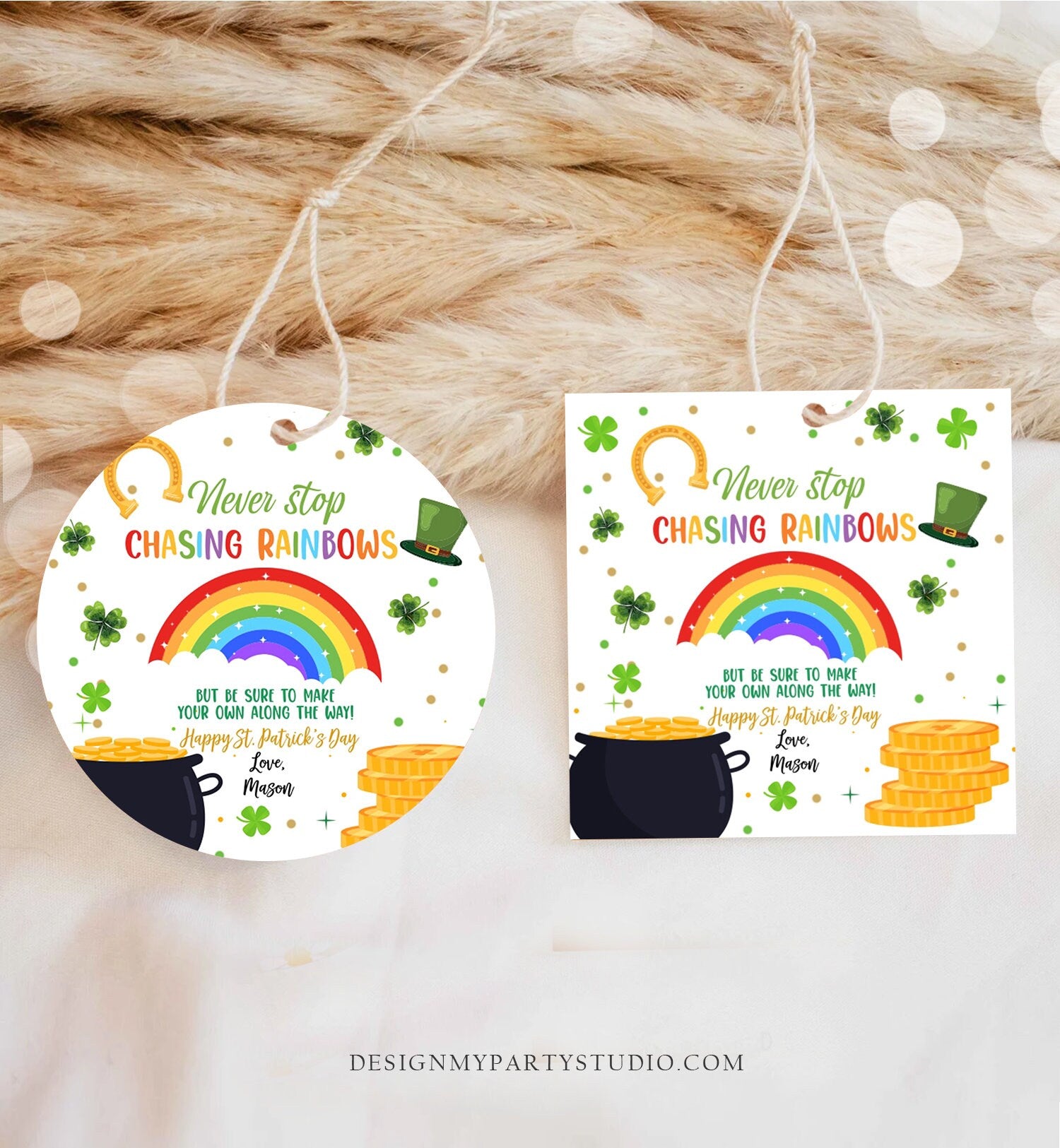 Editable Chasing Rainbows Tag St Patrick's Day Favor Tags Glassroom Gift Kids Crayons Pot of Gold Shamrock Leprechaun Template Corjl 0451