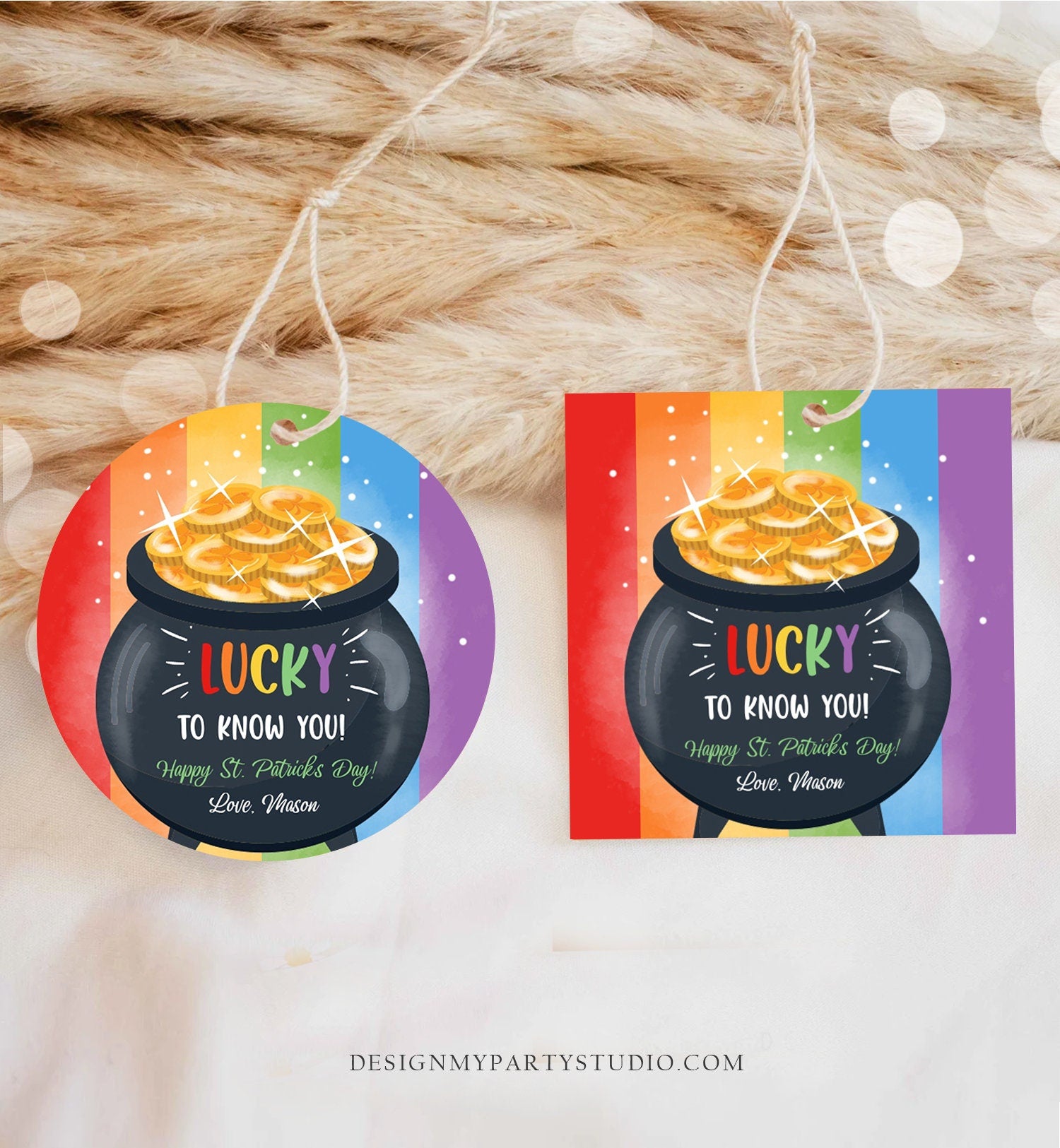 Editable St. Patrick's Day Tag Pot of Gold Favor Tags Glassroom Gift Kids Rainbow Teacher Friend Class Treats St Paddys Template Corjl 0451