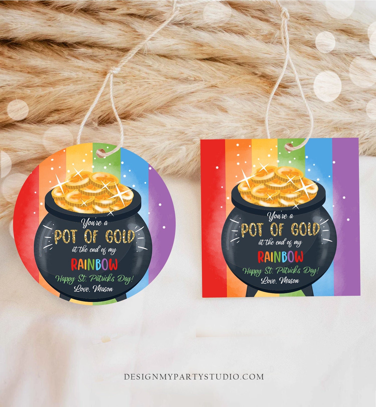 Editable St. Patrick's Day Tag Pot of Gold Favor Tags Glassroom Gift Kids Rainbow Party Favors Gift Friend Class Treats Template Corjl 0451