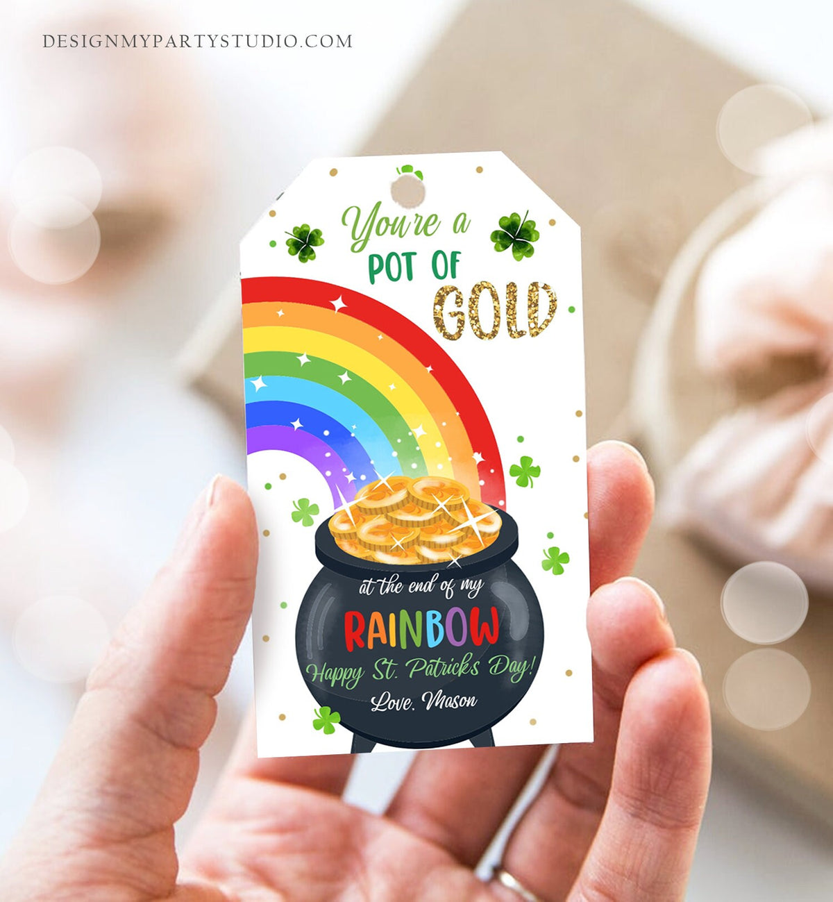 Editable St. Patrick&#39;s Day Tag Pot of Gold Favor Tags Glassroom Gift Kids Rainbow Party Favors Gift Friend Class Treats Template Corjl 0451