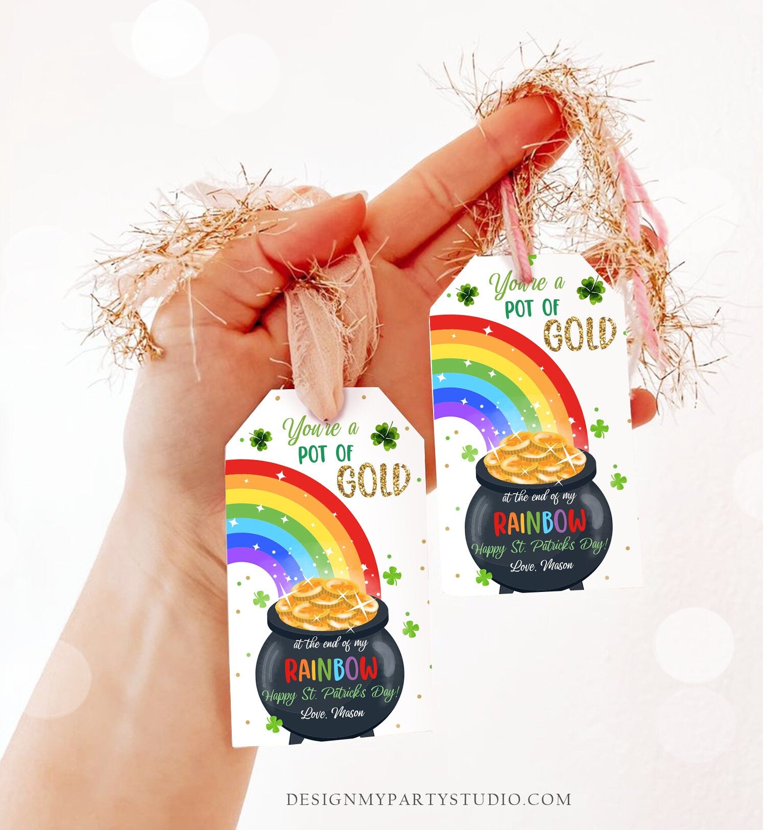 Editable St. Patrick's Day Tag Pot of Gold Favor Tags Glassroom Gift Kids Rainbow Party Favors Gift Friend Class Treats Template Corjl 0451