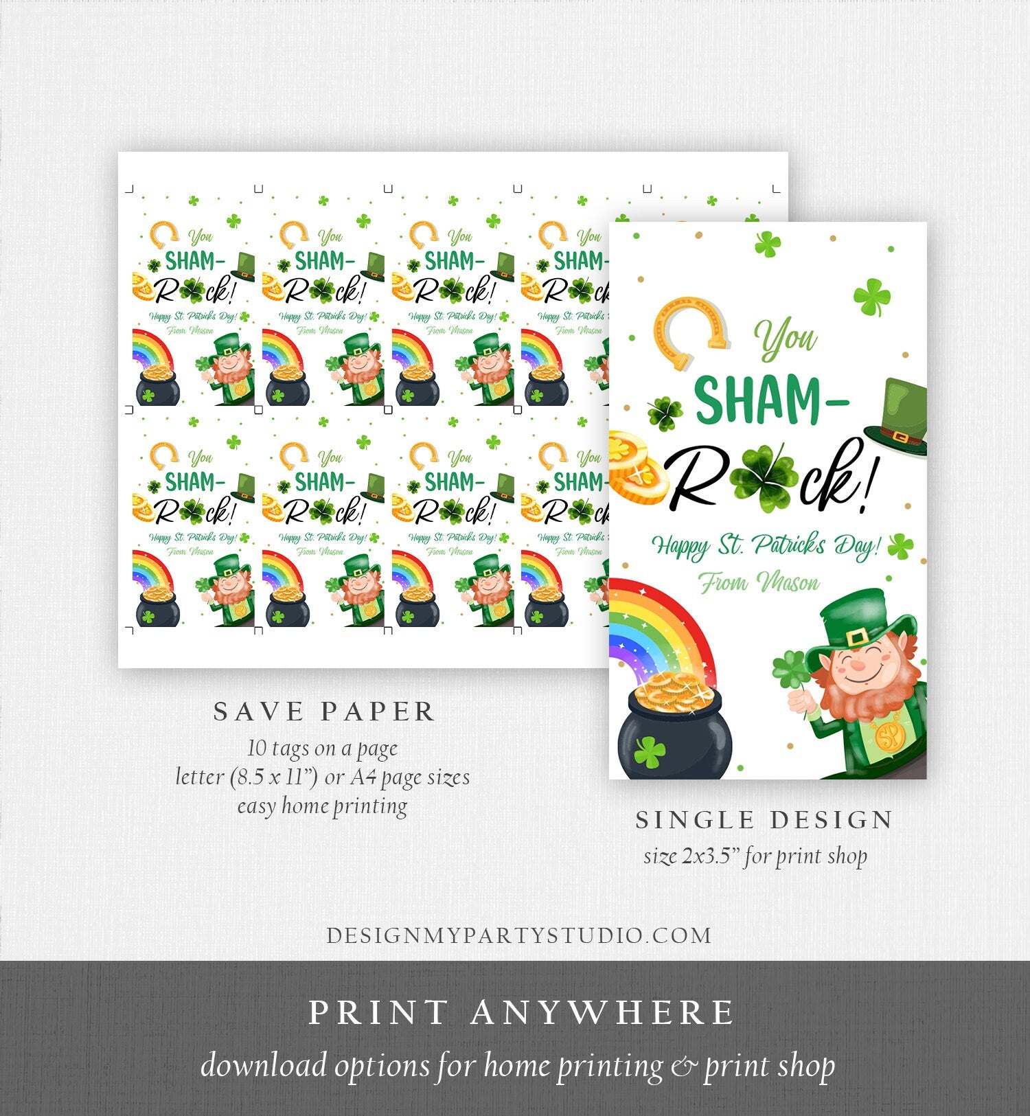 Editable St. Patrick's Day Tag You ShamROCK You Sham-rock Gift Tag School Classroom Gift Coworker Neighbor Teacher Template Corjl 0451